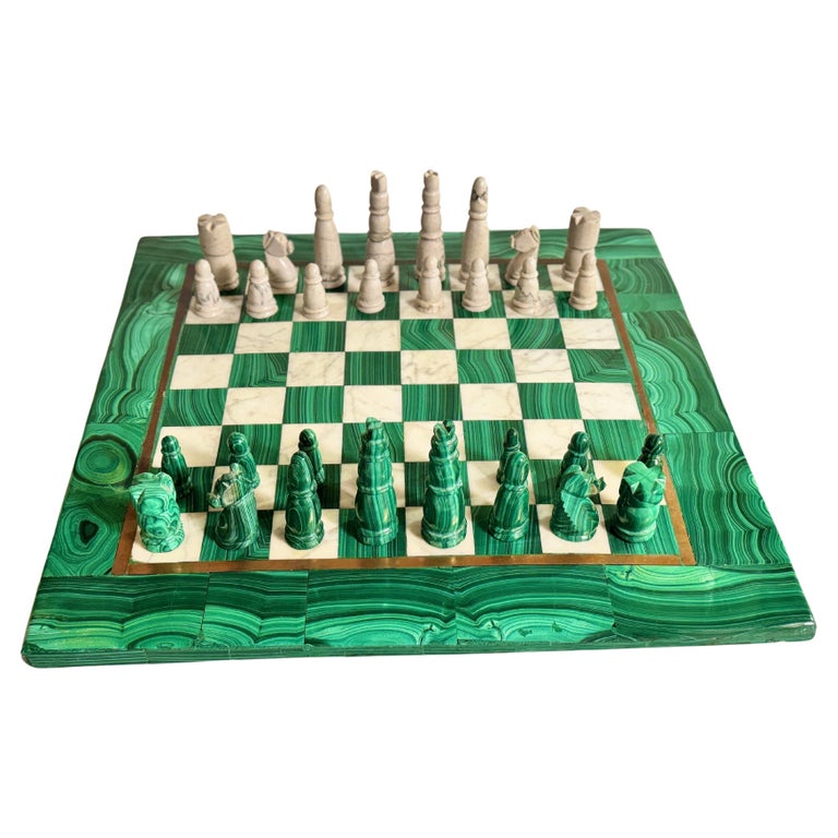 Jeu D'échecs Ancien Complet – Échiquier Malachite 36,5 Cm, Pièces Réparées, Vintage
