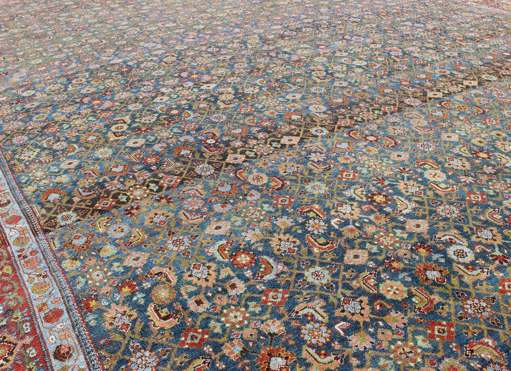 Persian Large Antique Malayer Rug with Herati Pattern in Blue, Green, Teal and Red  For Sale