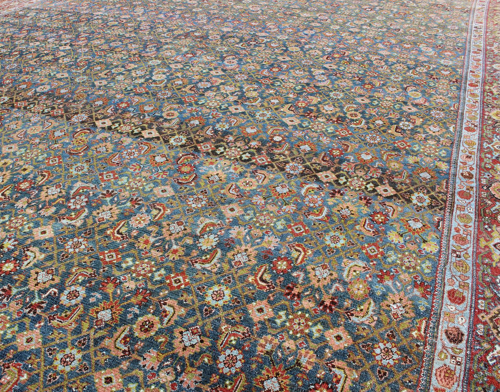 Large Antique Malayer Rug with Herati Pattern in Blue, Green, Teal and Red  In Good Condition For Sale In Atlanta, GA