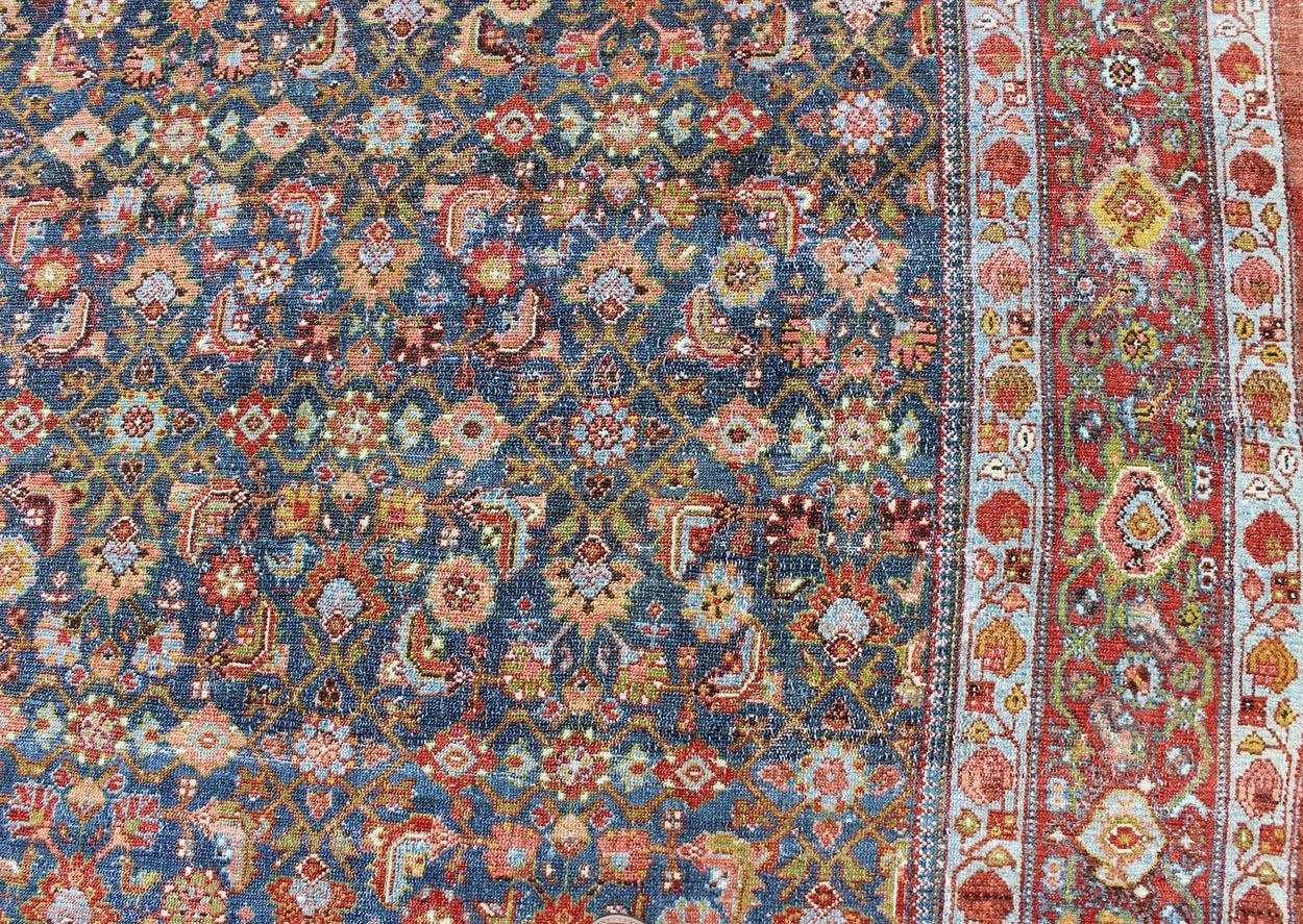 Wool Large Antique Malayer Rug with Herati Pattern in Blue, Green, Teal and Red  For Sale