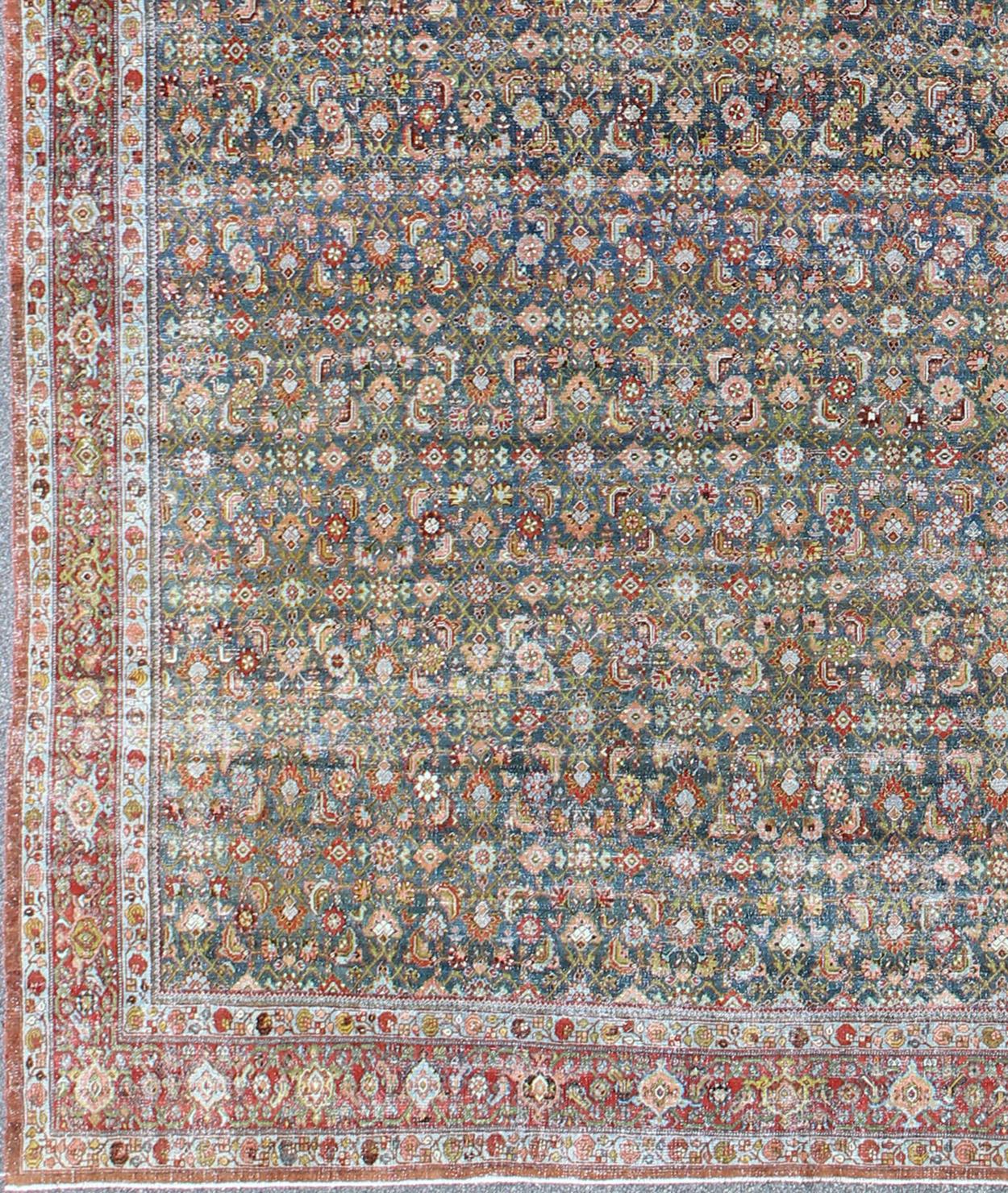 Large Antique Malayer Rug with Herati Pattern in Blue, Green, Teal and Red  For Sale 1