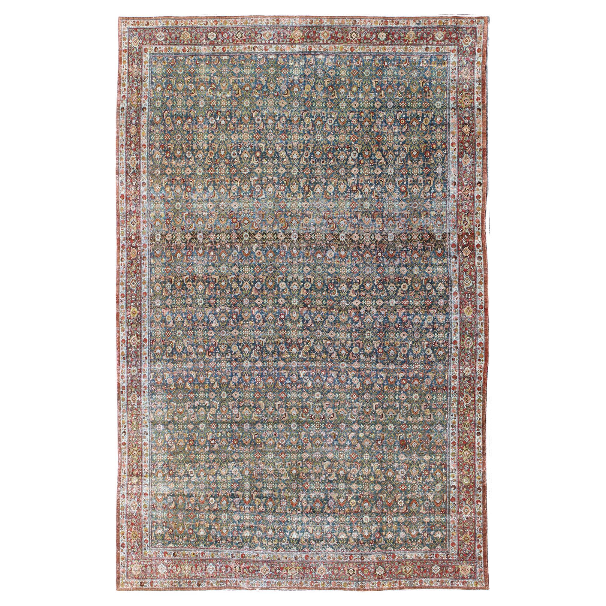 Large Antique Malayer Rug with Herati Pattern in Blue, Green, Teal and Red 