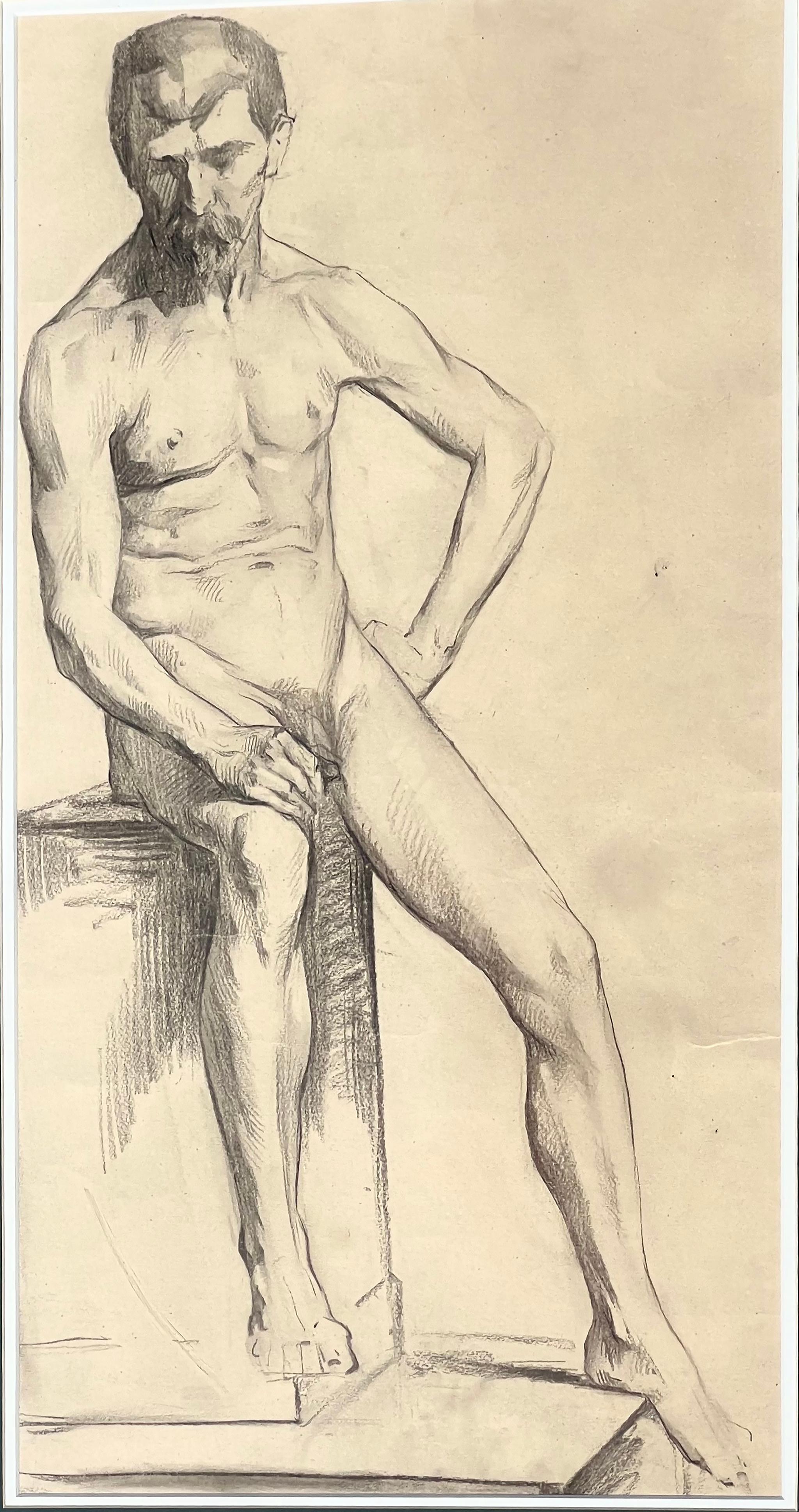 Große antike männliche Akt-Kunststudie, Zeichnung aus Paris, gerahmt in Italien (Französisch) im Angebot