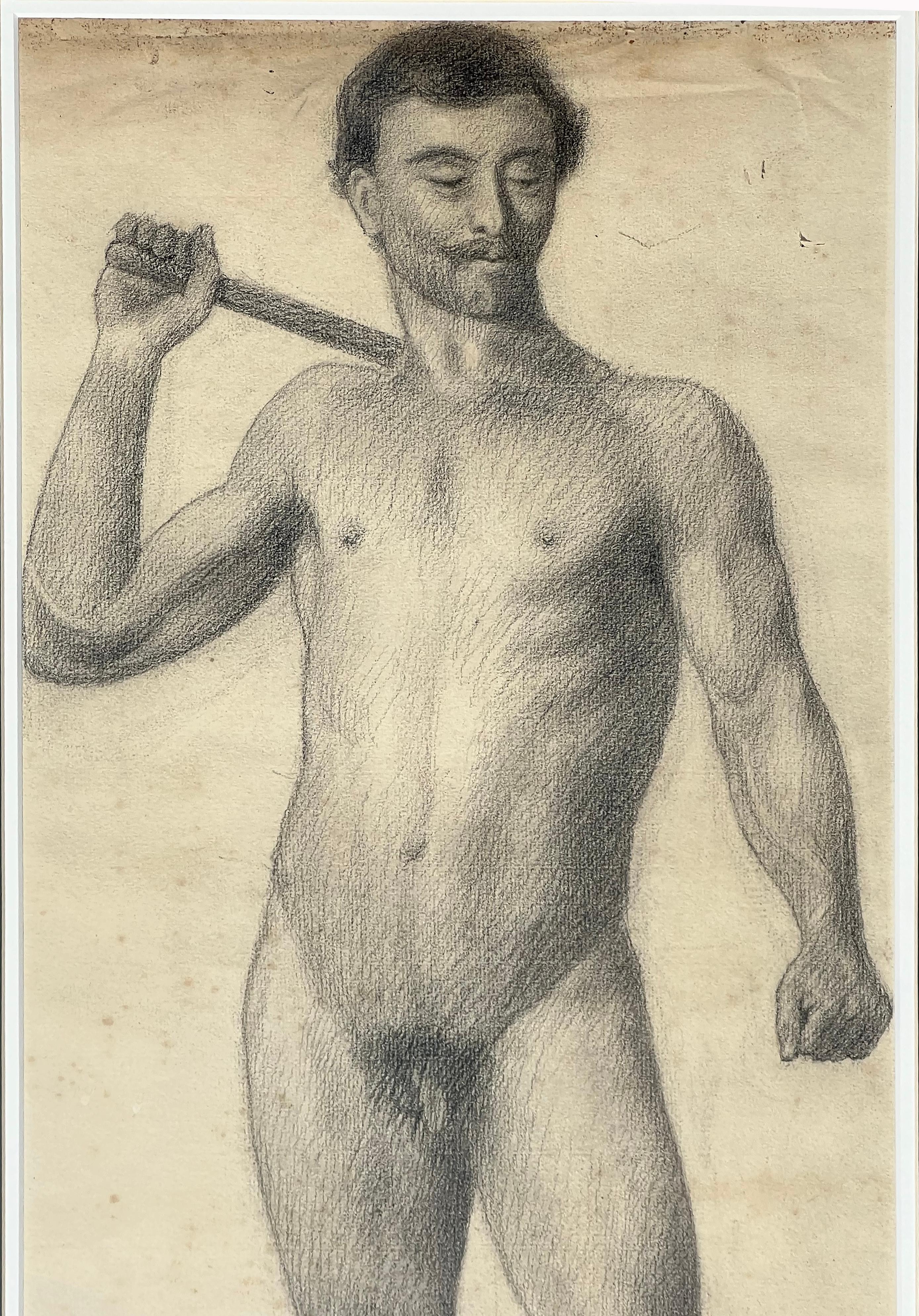 French Large Antique Male Nude Art Study Drawing From Paris, Framed in Italy For Sale