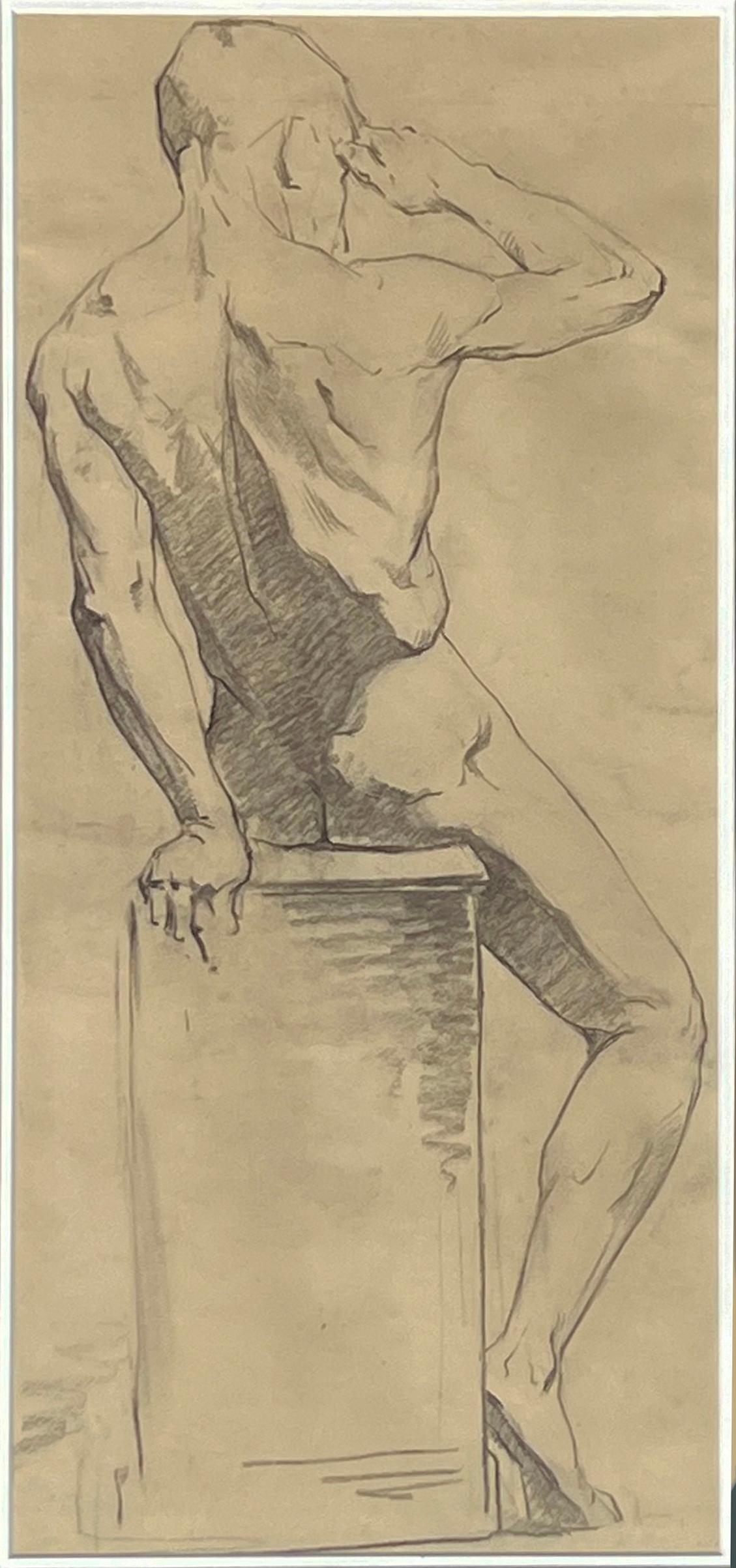 Français Grand dessin d'étude d'un nu masculin ancien de Paris, encadré en Italie en vente