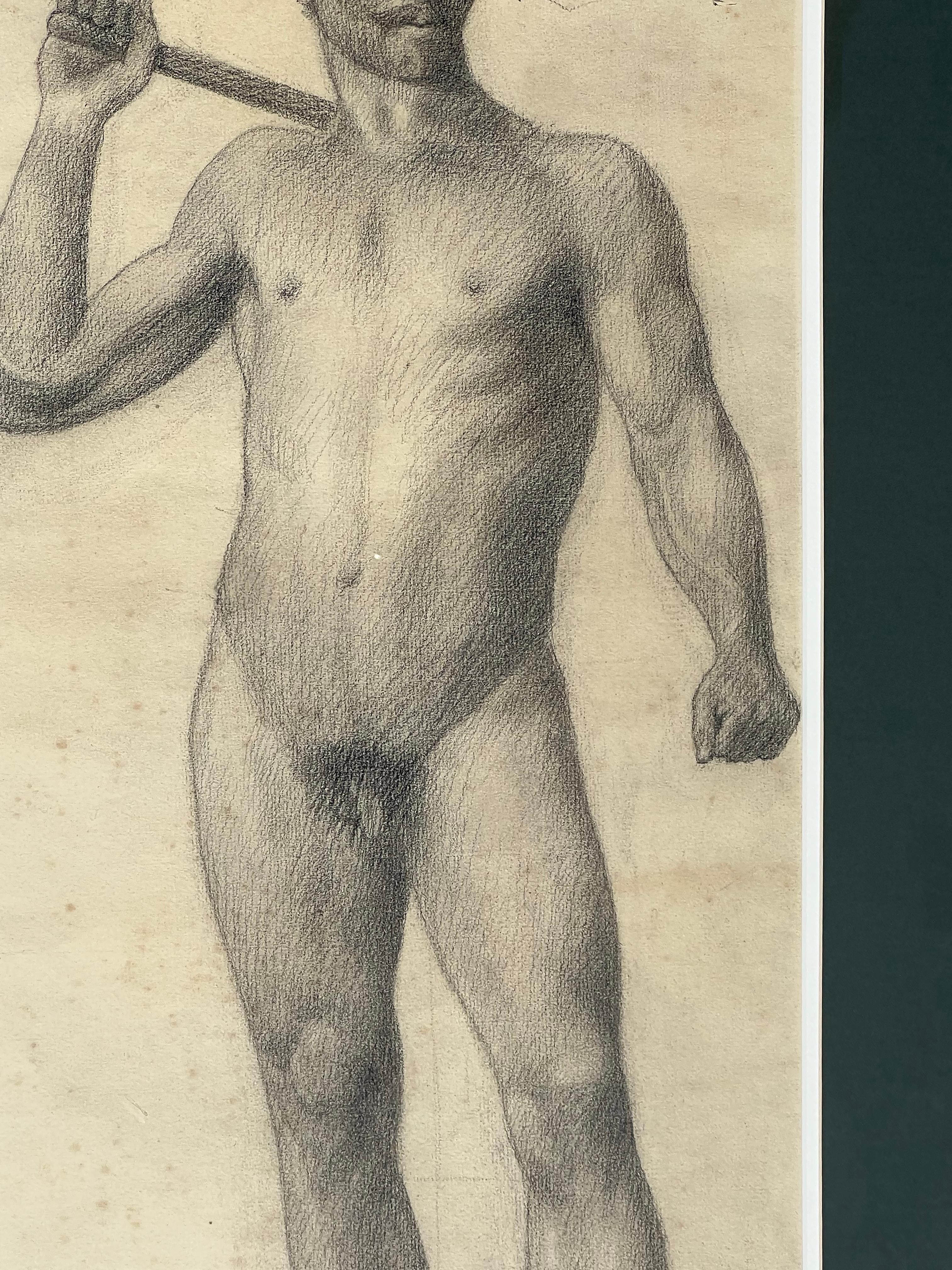 Large Antique Male Nude Art Study Drawing From Paris, Framed in Italy In Good Condition For Sale In Miami, FL