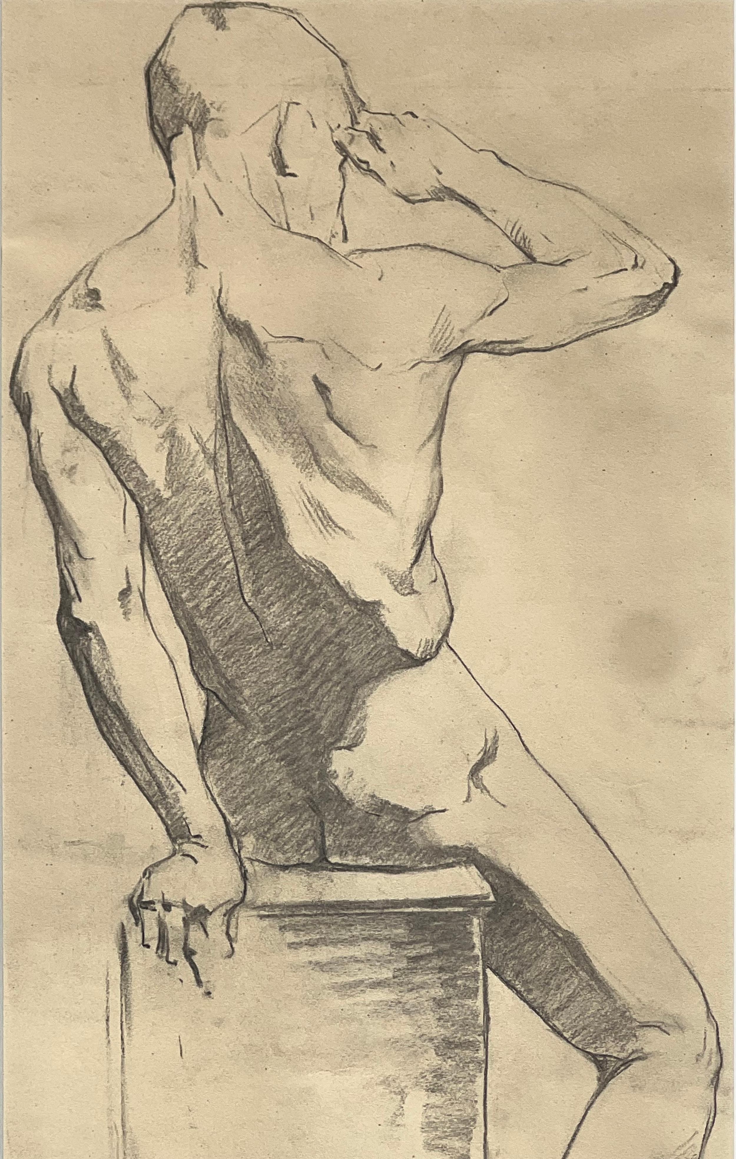 Grand dessin d'étude d'un nu masculin ancien de Paris, encadré en Italie Bon état - En vente à Miami, FL