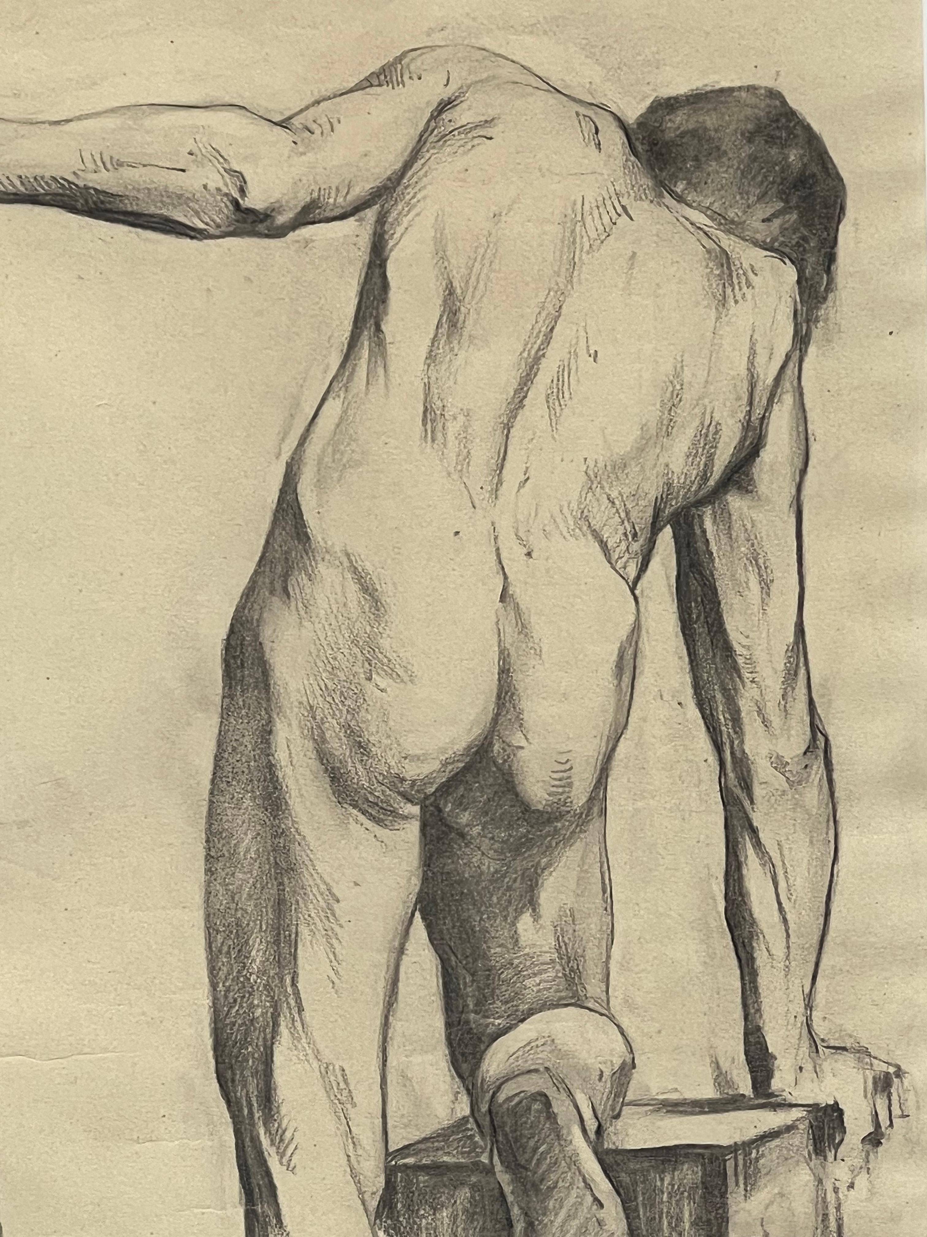 19th Century Large Antique Male Nude Art Study Drawing From Paris, Framed in Italy For Sale