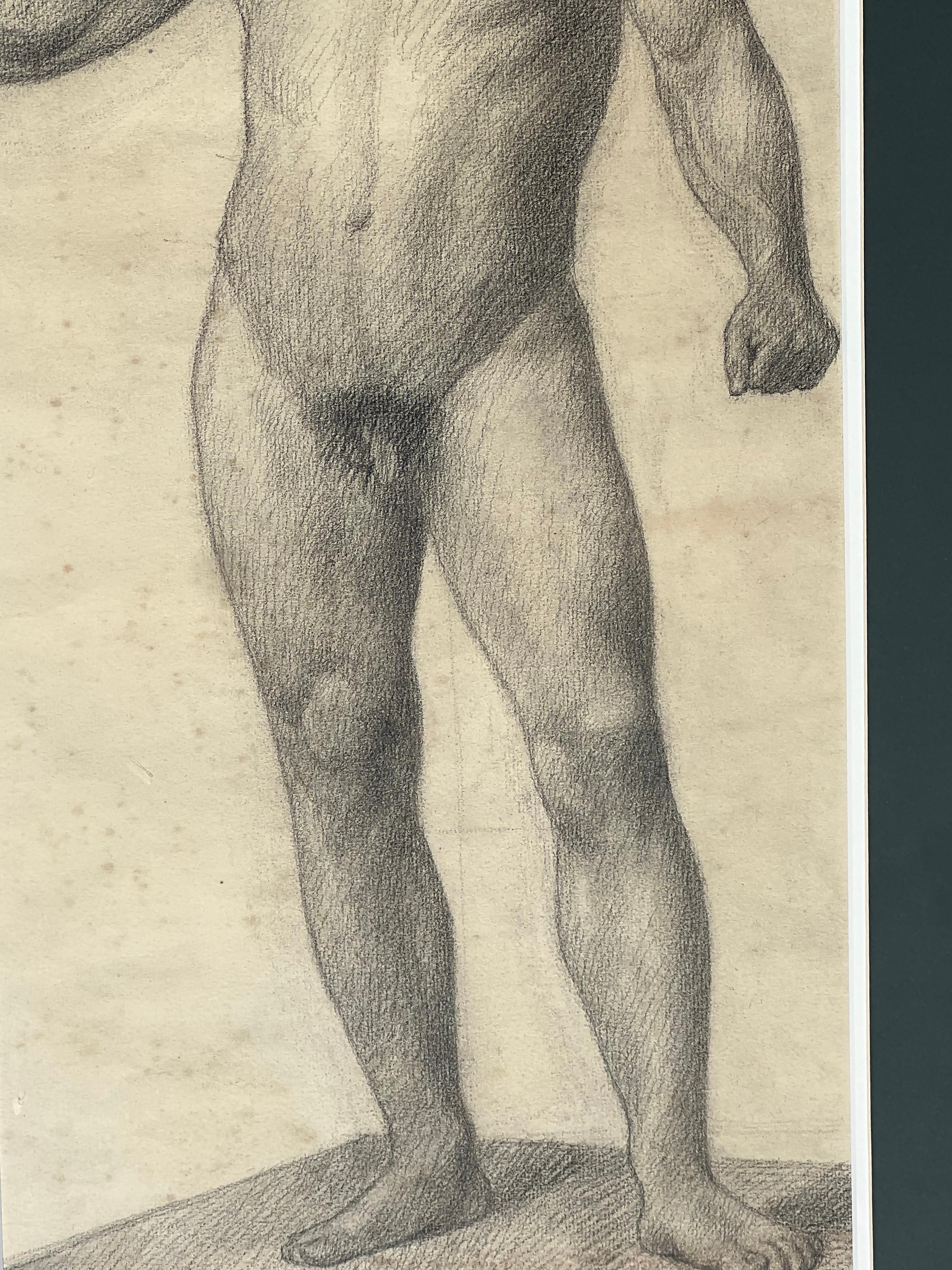 19th Century Large Antique Male Nude Art Study Drawing From Paris, Framed in Italy For Sale