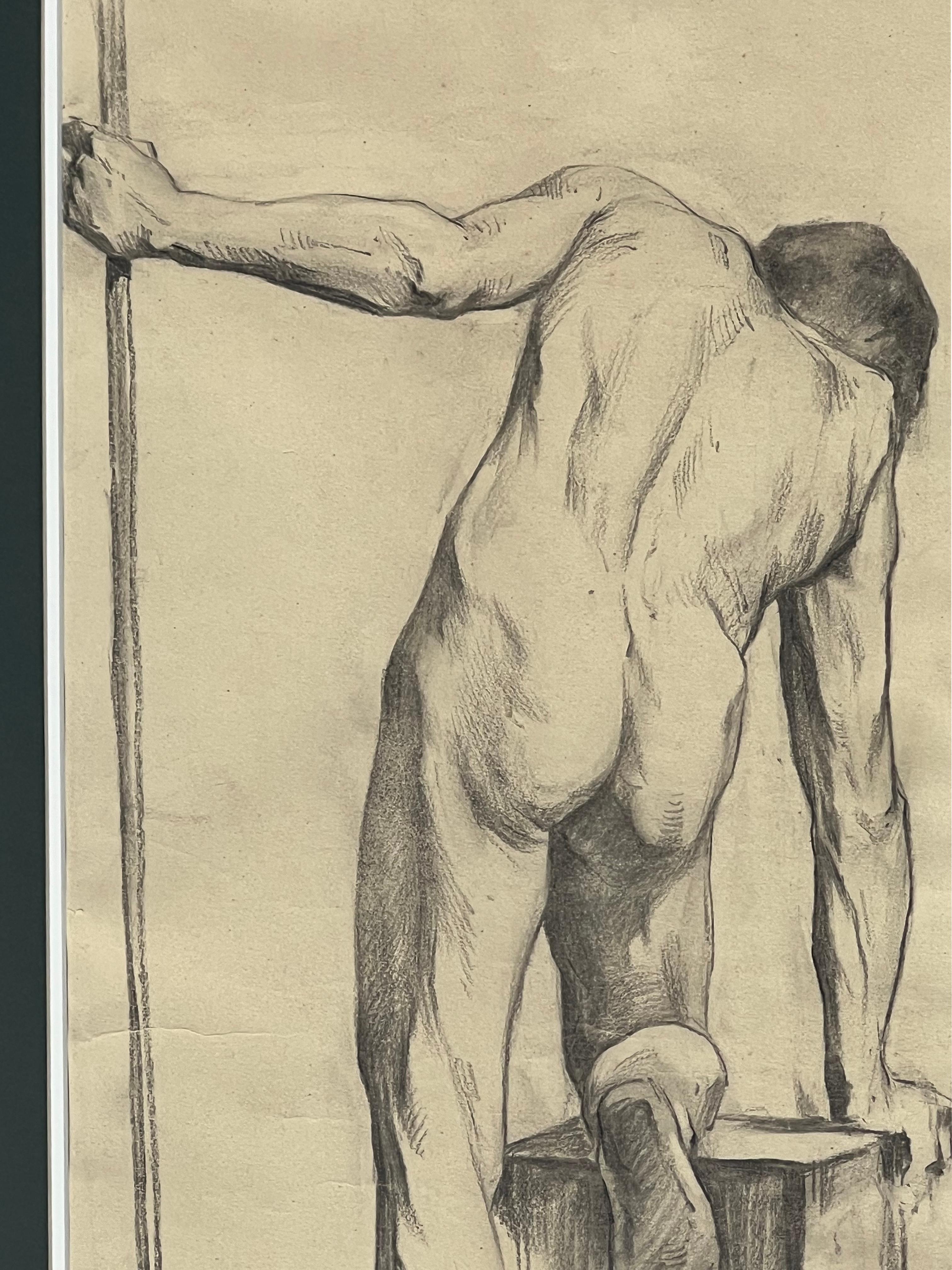 Glass Large Antique Male Nude Art Study Drawing From Paris, Framed in Italy For Sale