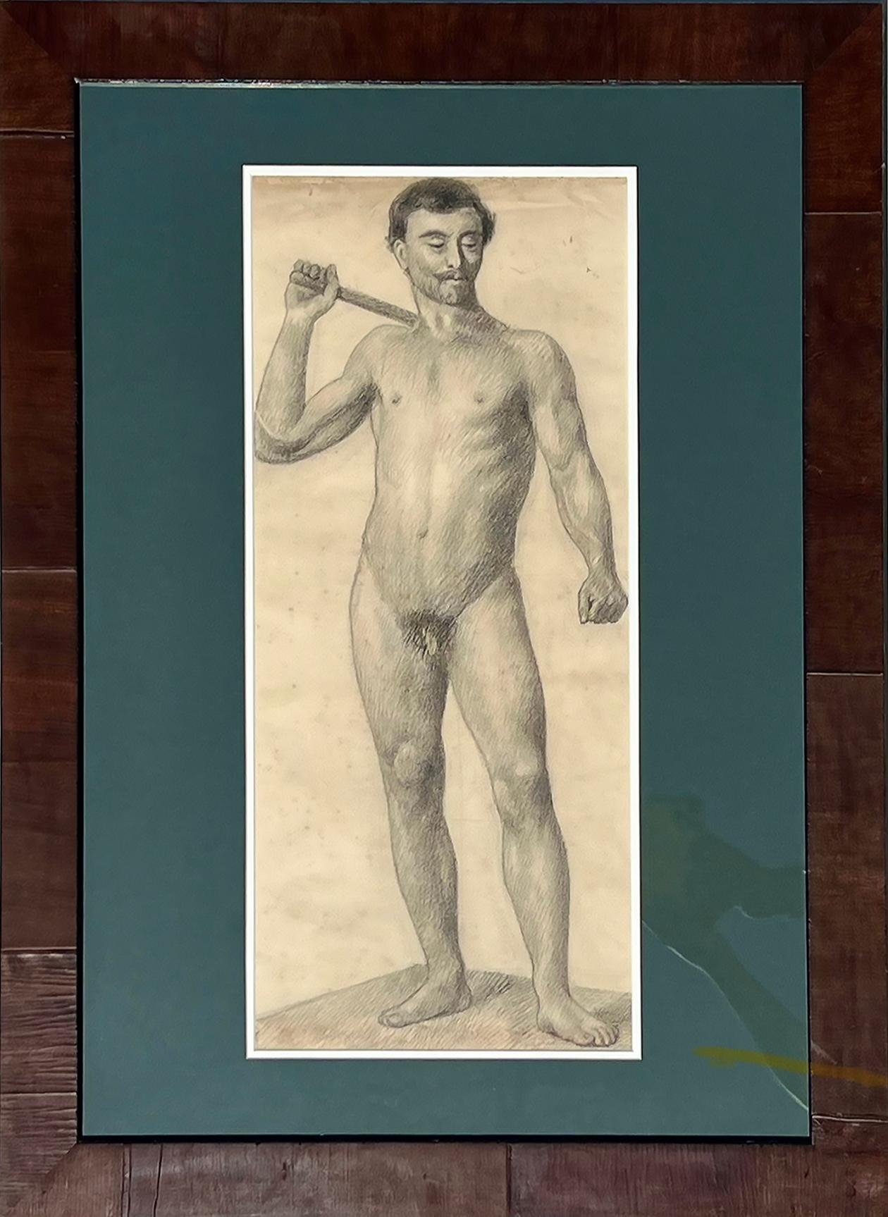 Glass Large Antique Male Nude Art Study Drawing From Paris, Framed in Italy For Sale