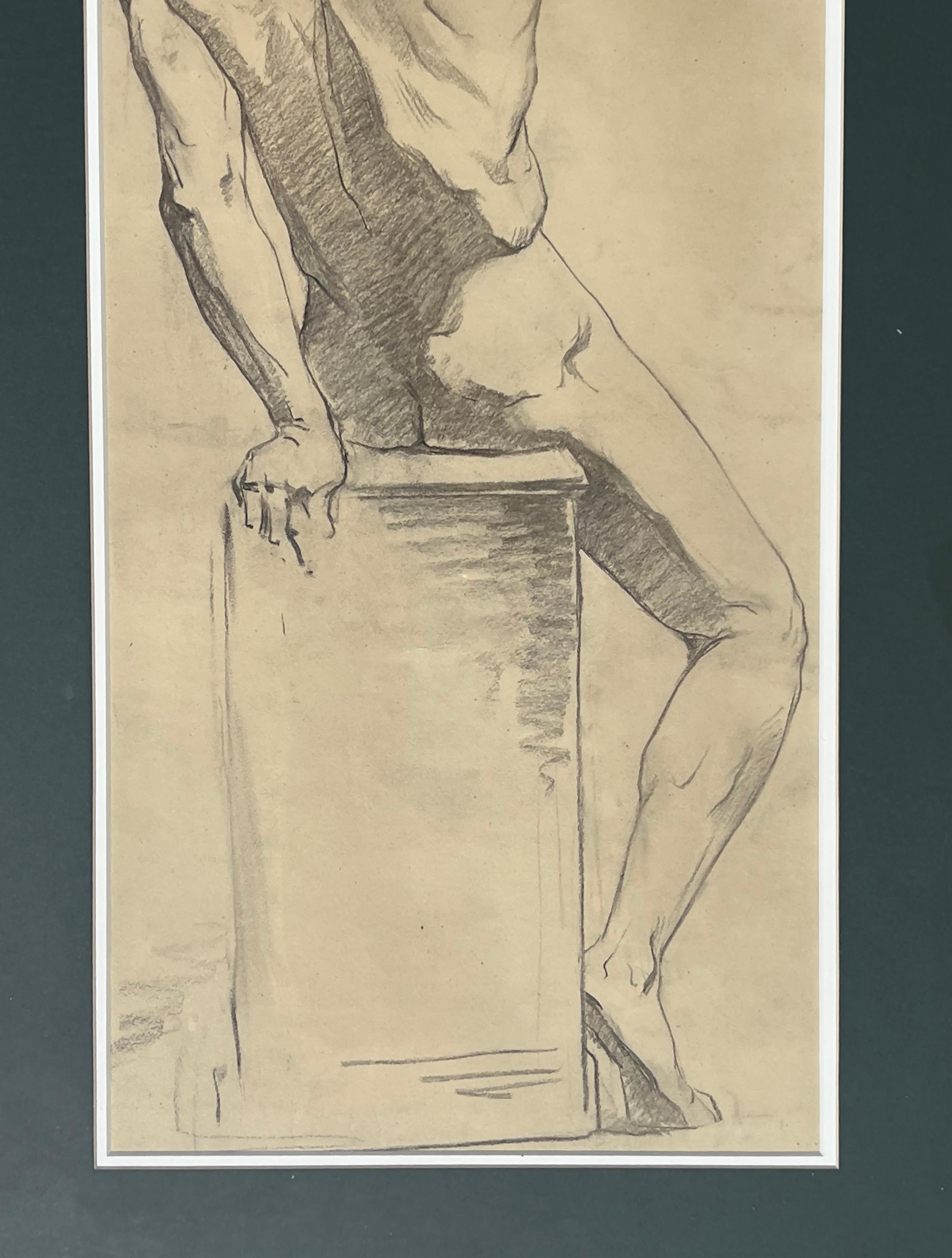 Große antike männliche Akt-Kunststudie, Zeichnung aus Paris, gerahmt in Italien (Glas) im Angebot