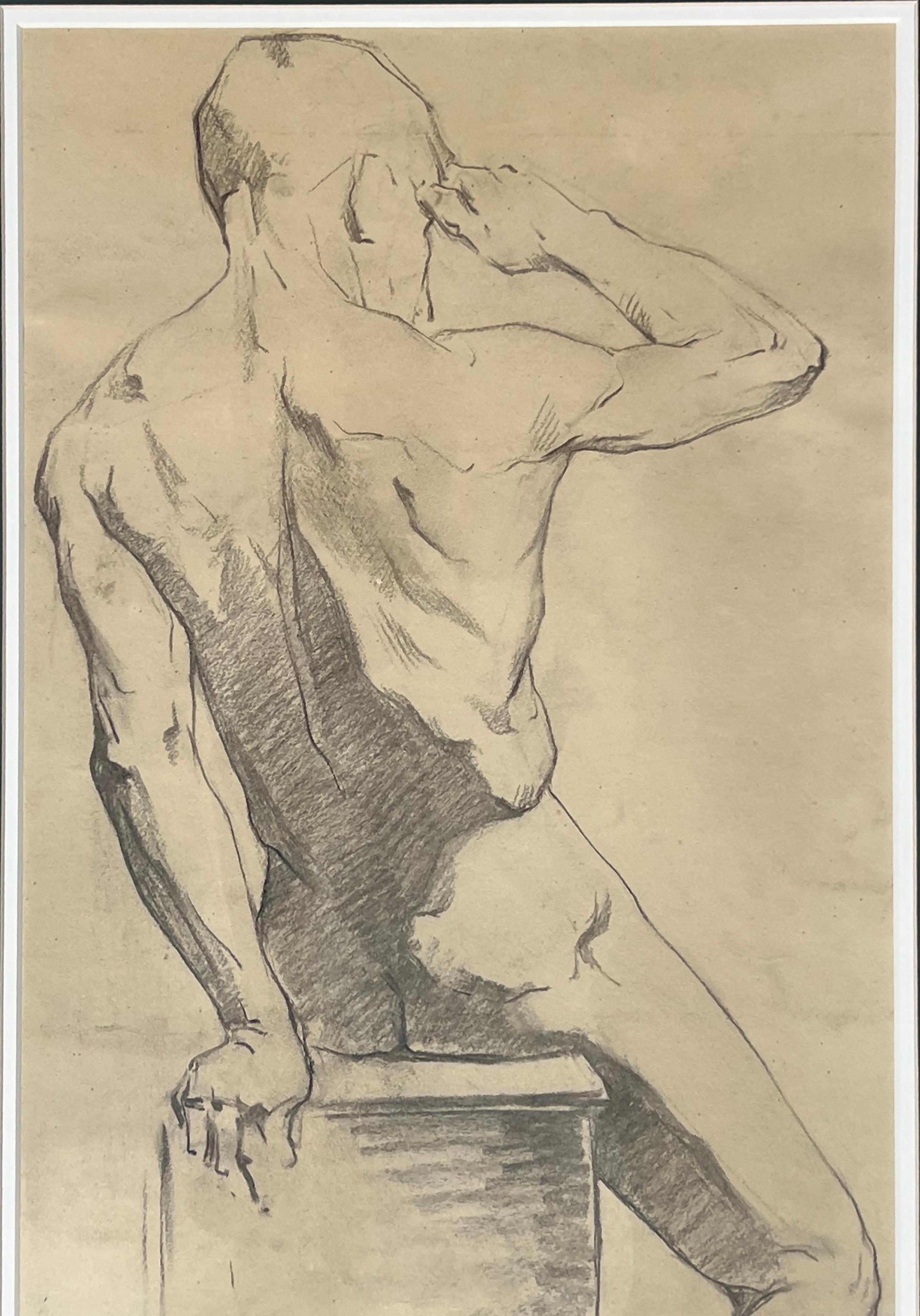 Large Antique Male Nude Art Study Drawing From Paris, Framed in Italy For Sale 1