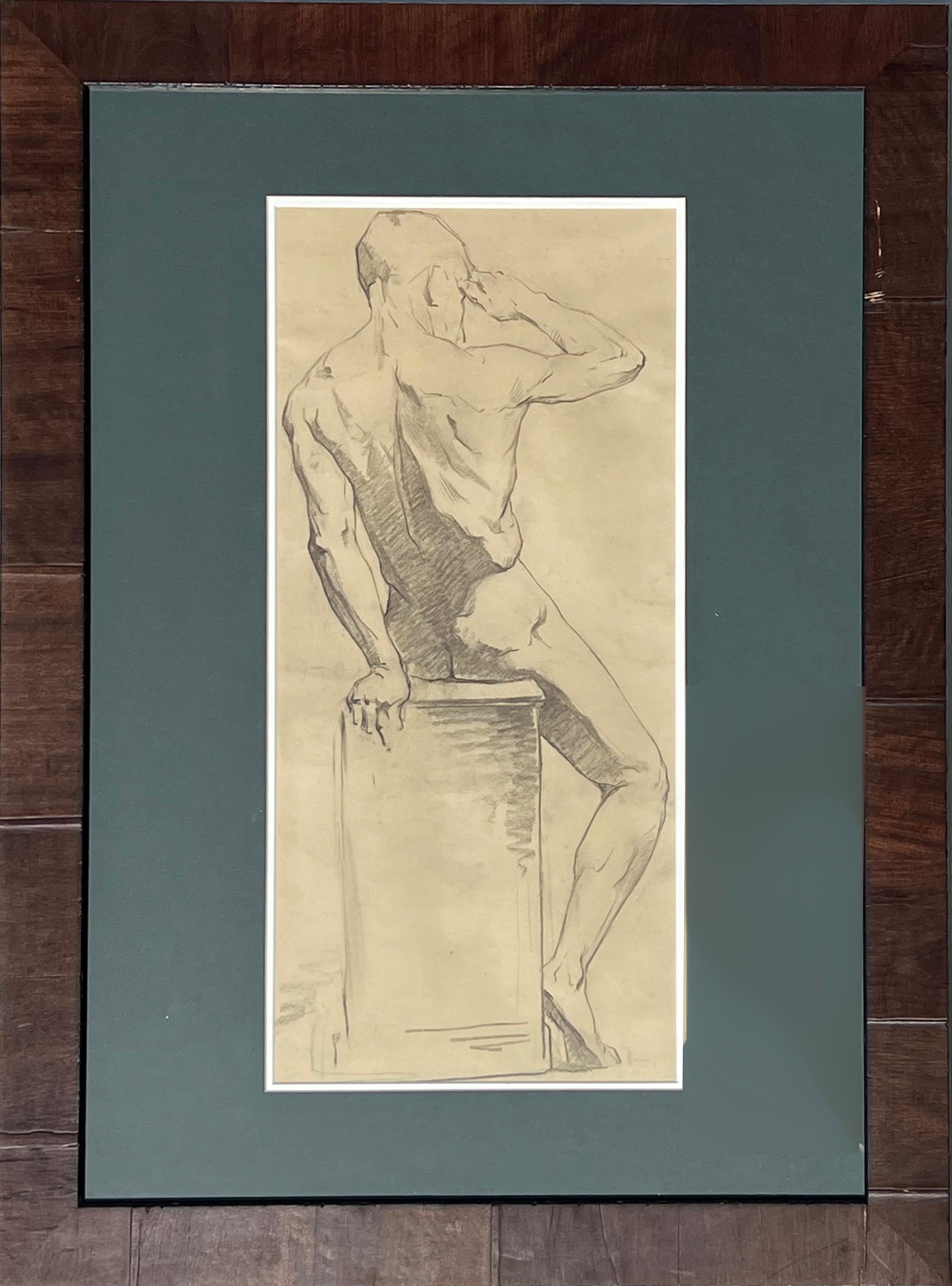 Large Antique Male Nude Art Study Drawing From Paris, Framed in Italy For Sale 2