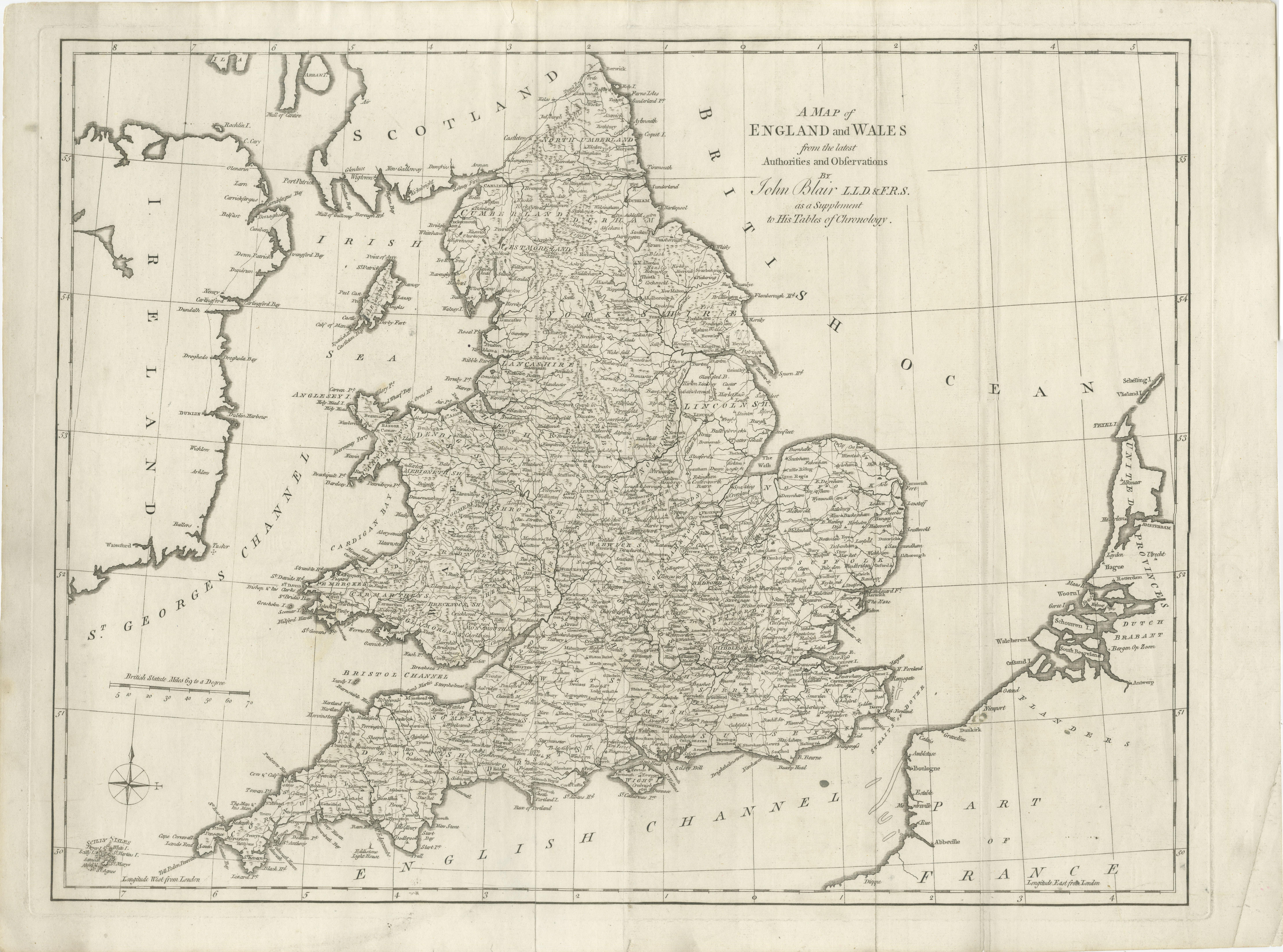 Carte ancienne intitulée 'A Map of England and Wales (...)'. Grande carte ancienne de l'Angleterre et du Pays de Galles, avec une partie des côtes continentales et irlandaises. Publié par J. Blair, vers 1779. 