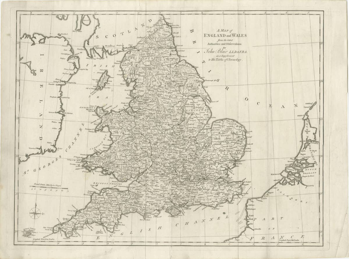 Antique Map of England and Wales by J. Blair, Circa 1779, Wall Art