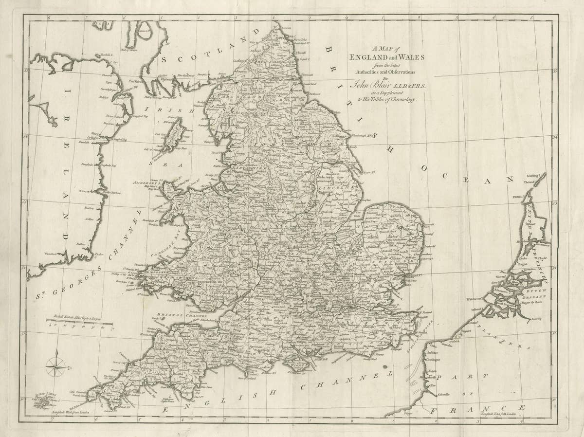 Antique Map of England and Wales by J. Blair, Circa 1779, Wall Art
