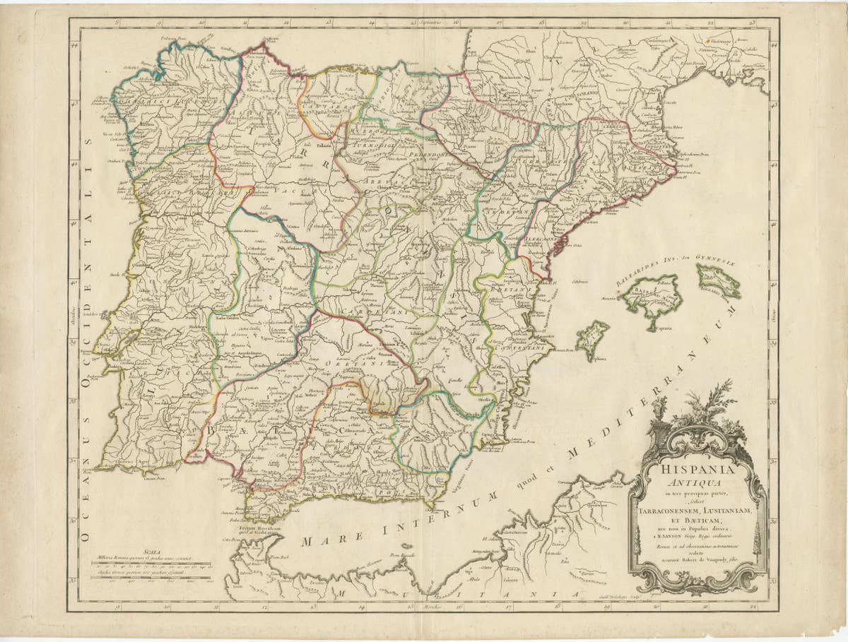 Large Antique Map of Ancient Spain and Portugal, Published in circa 1760