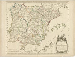 Grande carte ancienne de l'Espagne et du Portugal anciens, publiée vers 1760