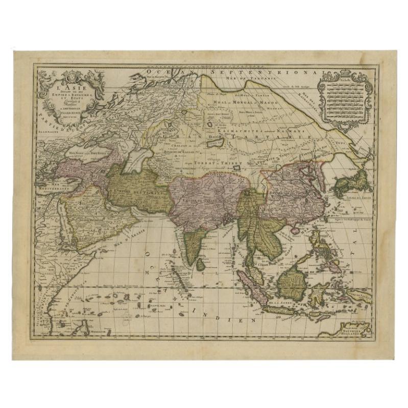 Antique map titled 'L' Asie Divisee en ses Empires, Royaumes, et Etats'. Attractive, large map of Asia including all of Southeast Asia. The cartography is archaic for the period with the continental outline following the Sanson-Jaillot model. Shows