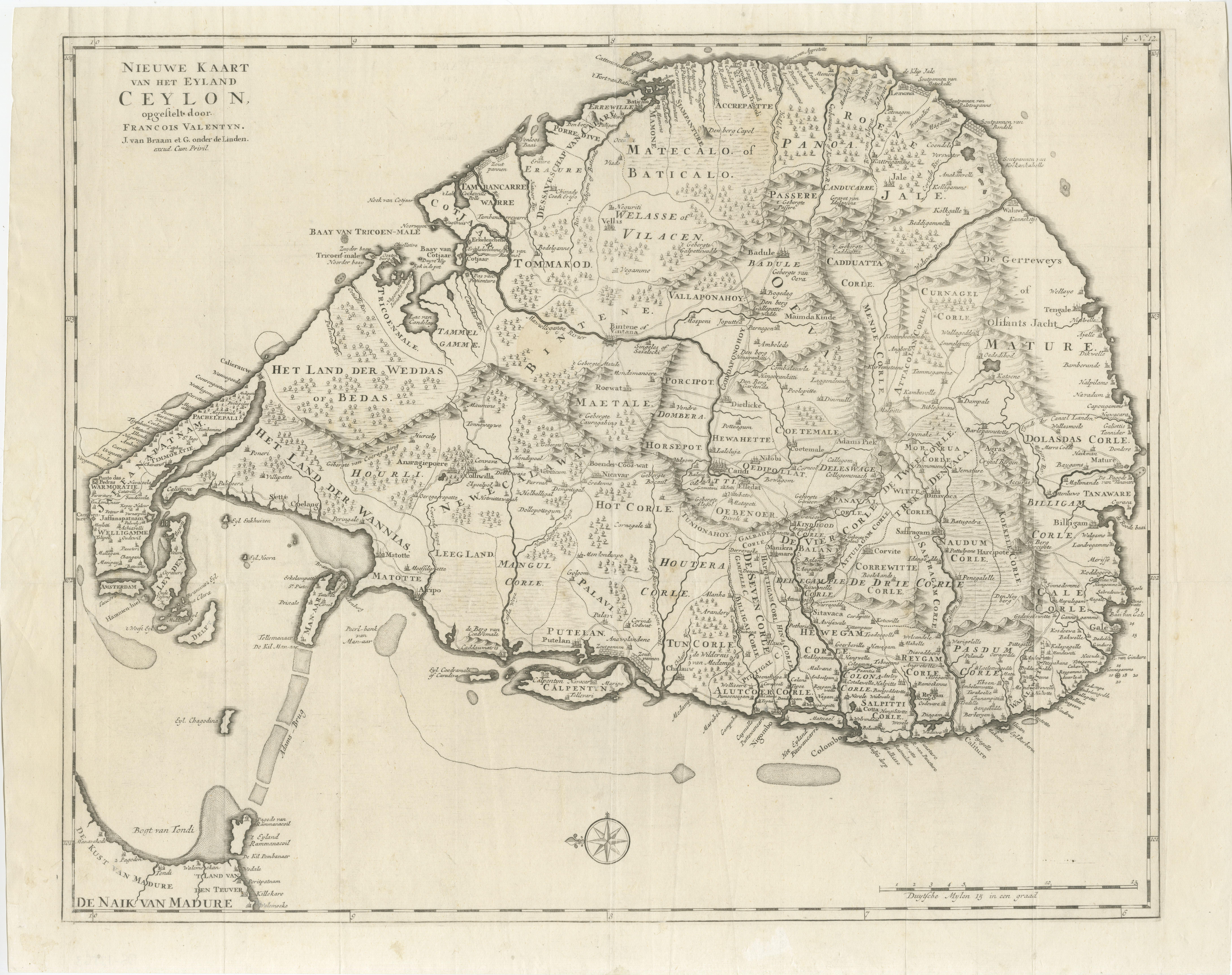 Antique map titled 'Nieuwe Kaart van het Eyland Ceylon opgestelt door Francois Valentyn'. Beautiful map of Sri Lanka. Originates from 'Oud en Nieuw Oost Indien (..)' by F. Valentijn, 1724.

Francois Valentijn (1666-1727) was a minister, naturalist