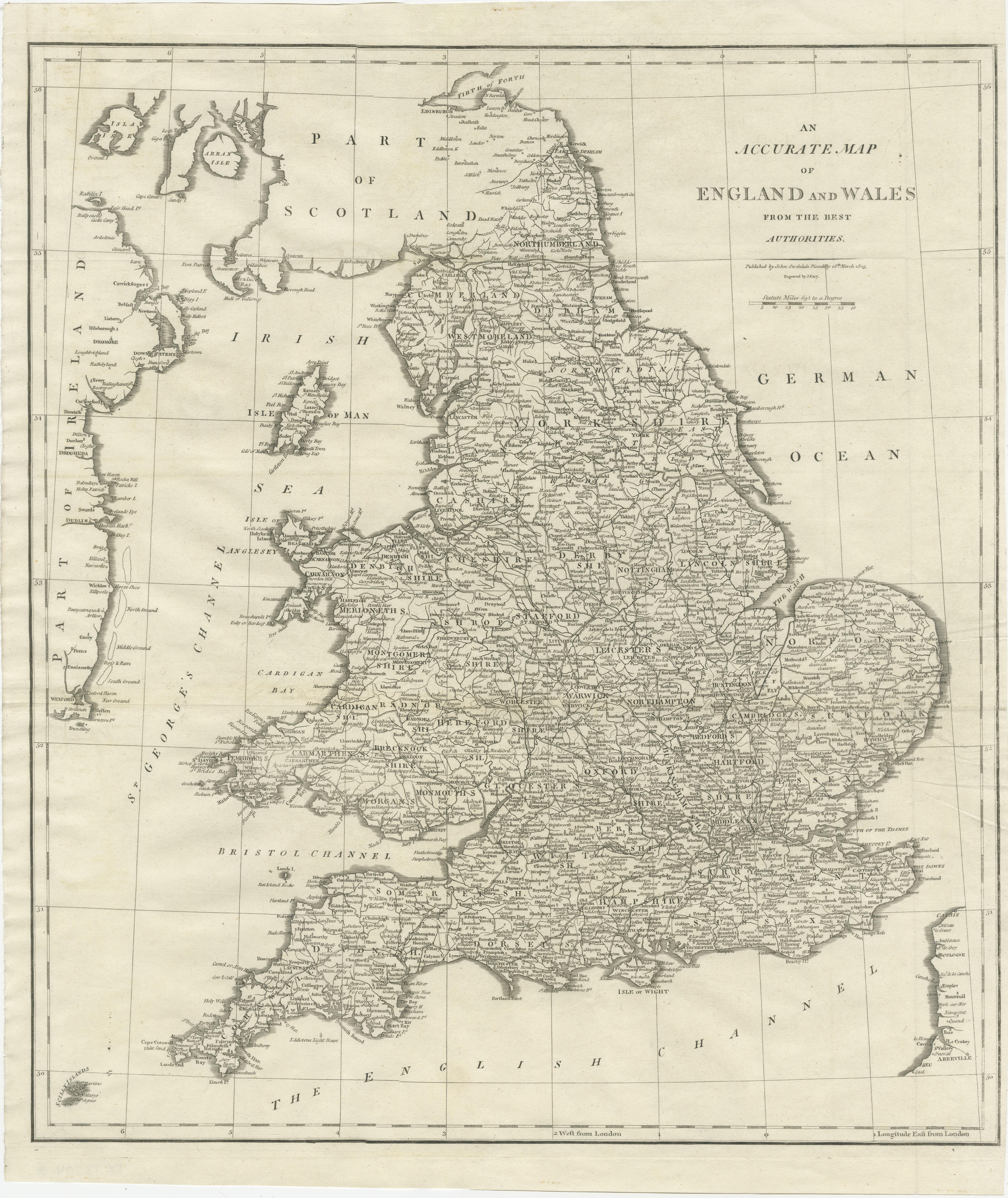 Antique map titled 'An Accurate Map of England and Wales'. Original old map of England and Wales. Engraved by John Cary. Originates from 'New British Atlas' by John Stockdale, published 1805. 

John Cary (1755-1835) was a British cartographer and