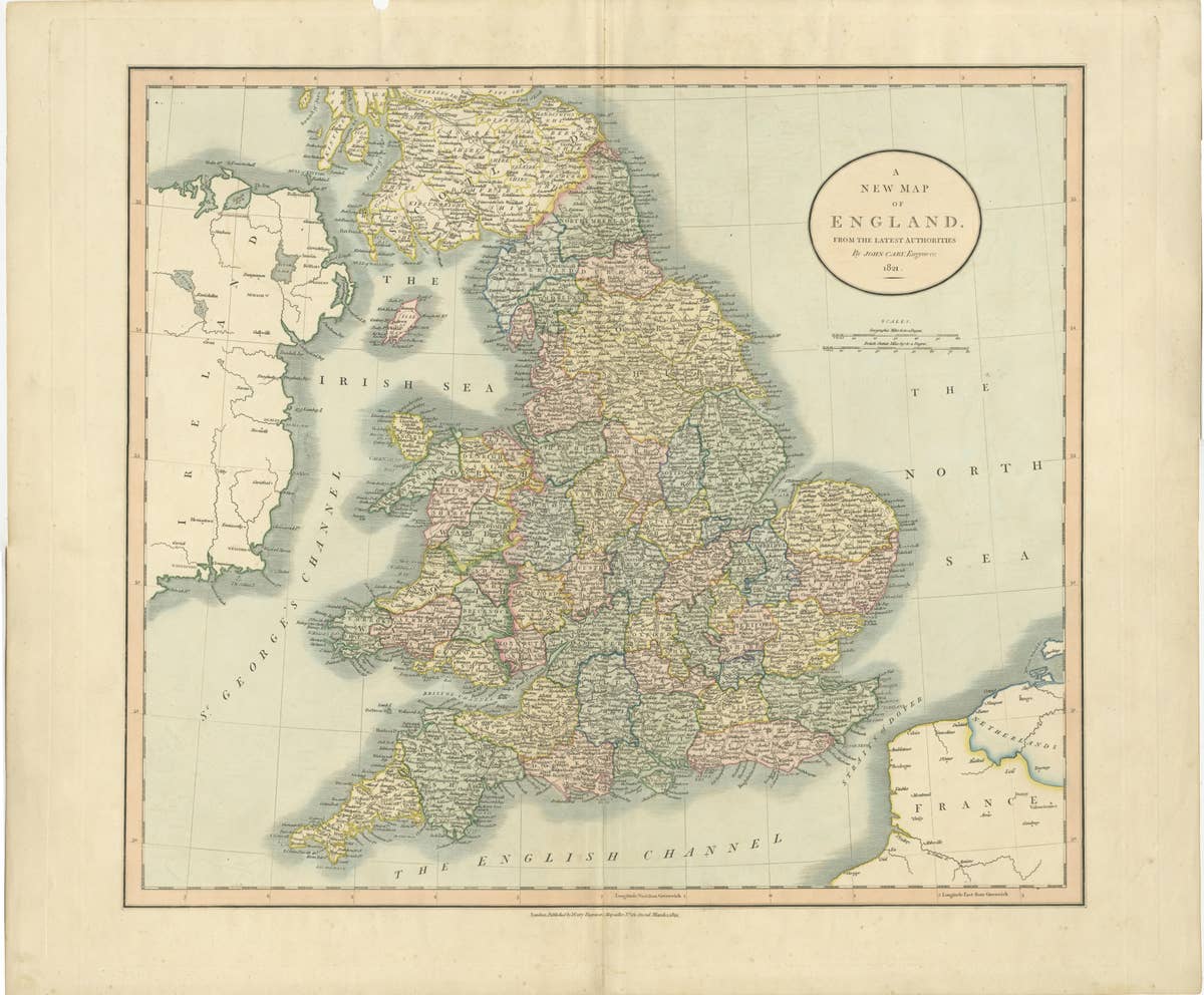 Large Antique Map of England Hand Colored by Counties