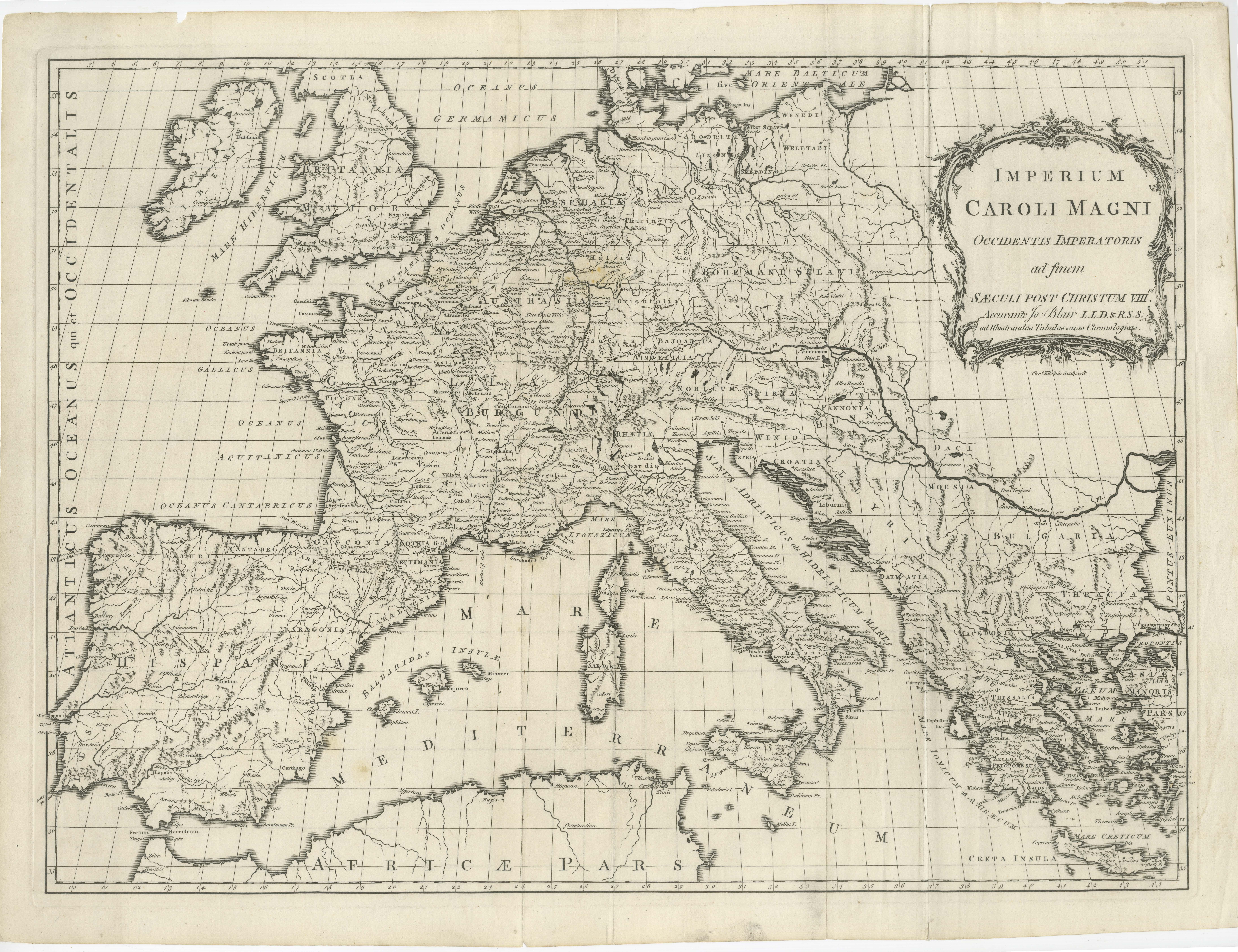 Antique map titled 'Imperium Caroli Magni (..)'. Large antique map of Europe, showing the Empire of Charlemagne in the 8th Century. Engraved by T. Kitchin. Published J. Blair, circa 1779.