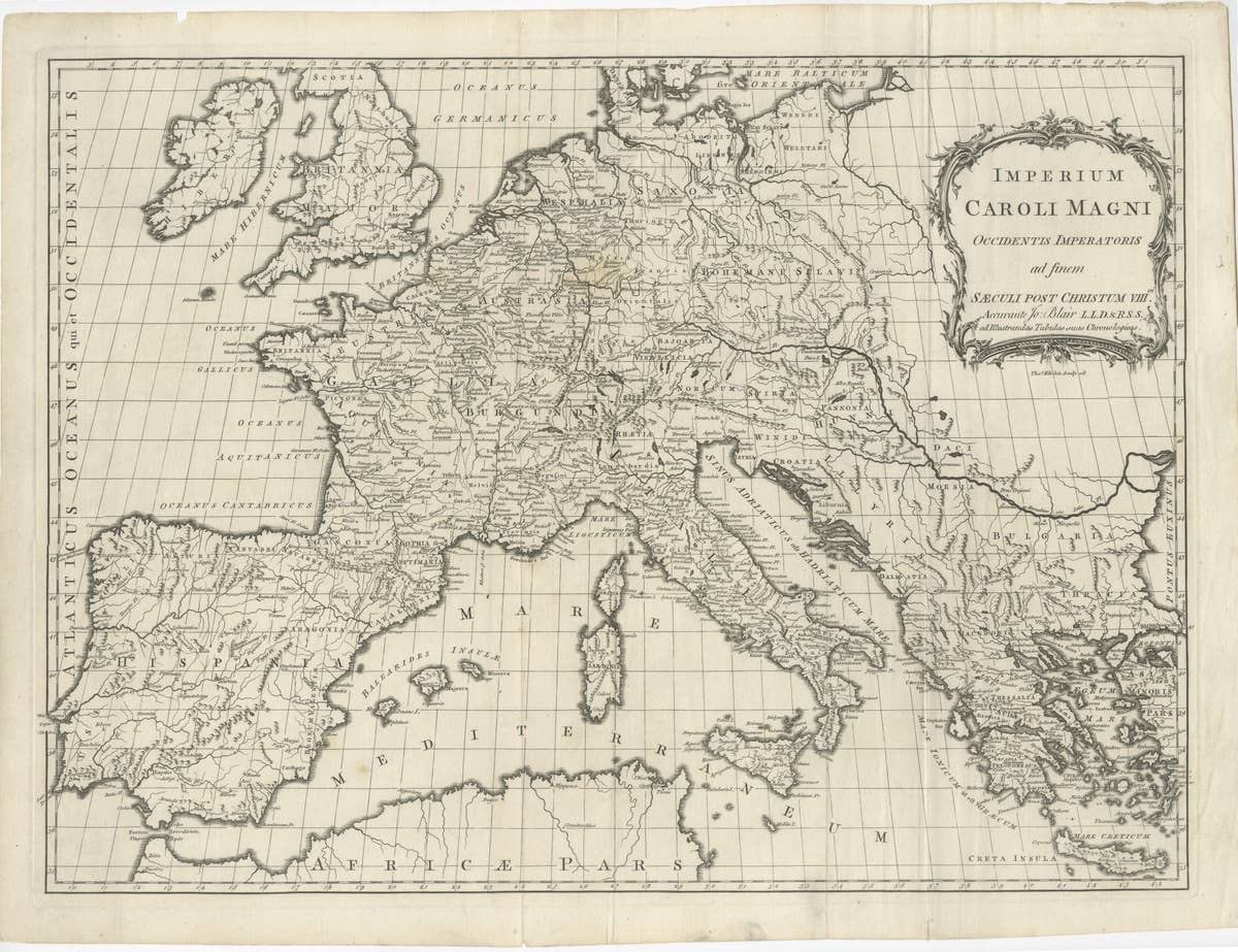 Antique Map of Europe by T. Kitchin, Charlemagne's Empire, Circa 1779