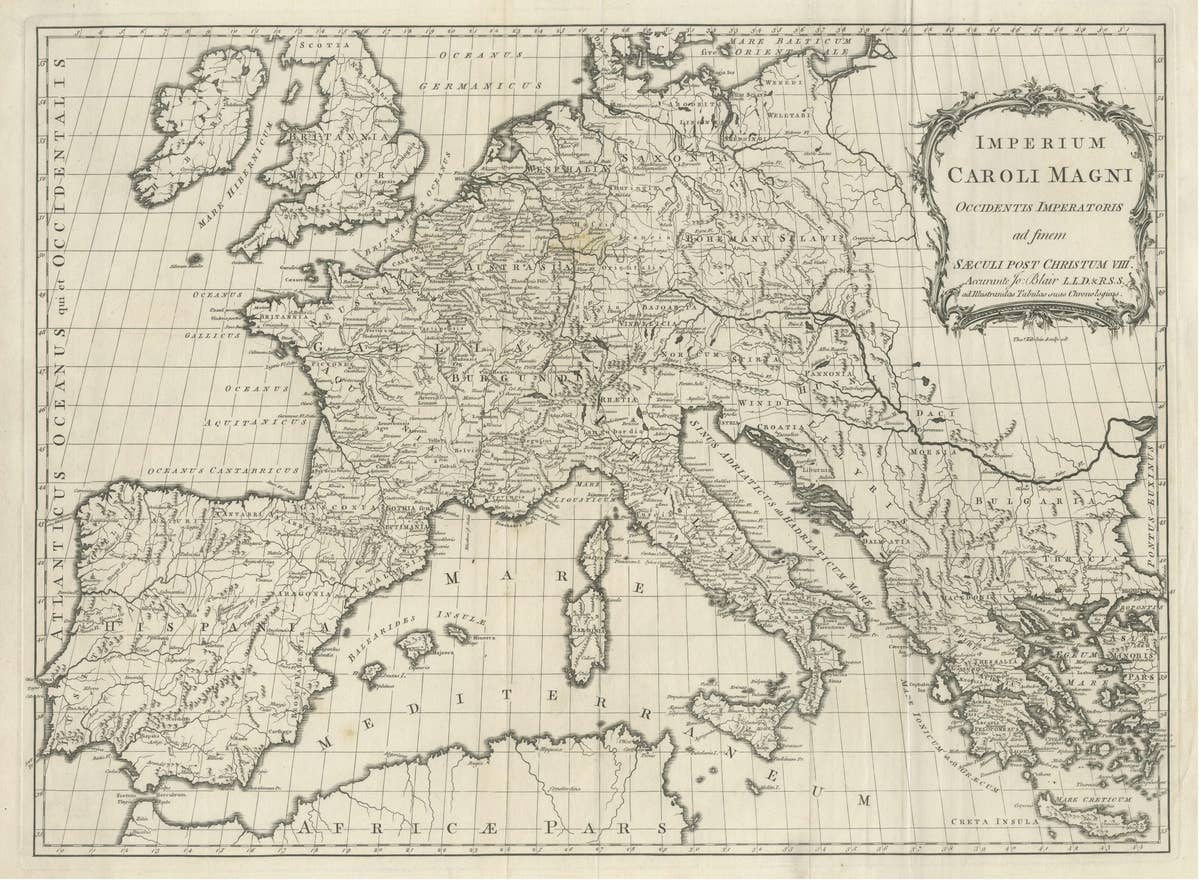 Antique Map of Europe by T. Kitchin, Charlemagne's Empire, Circa 1779
