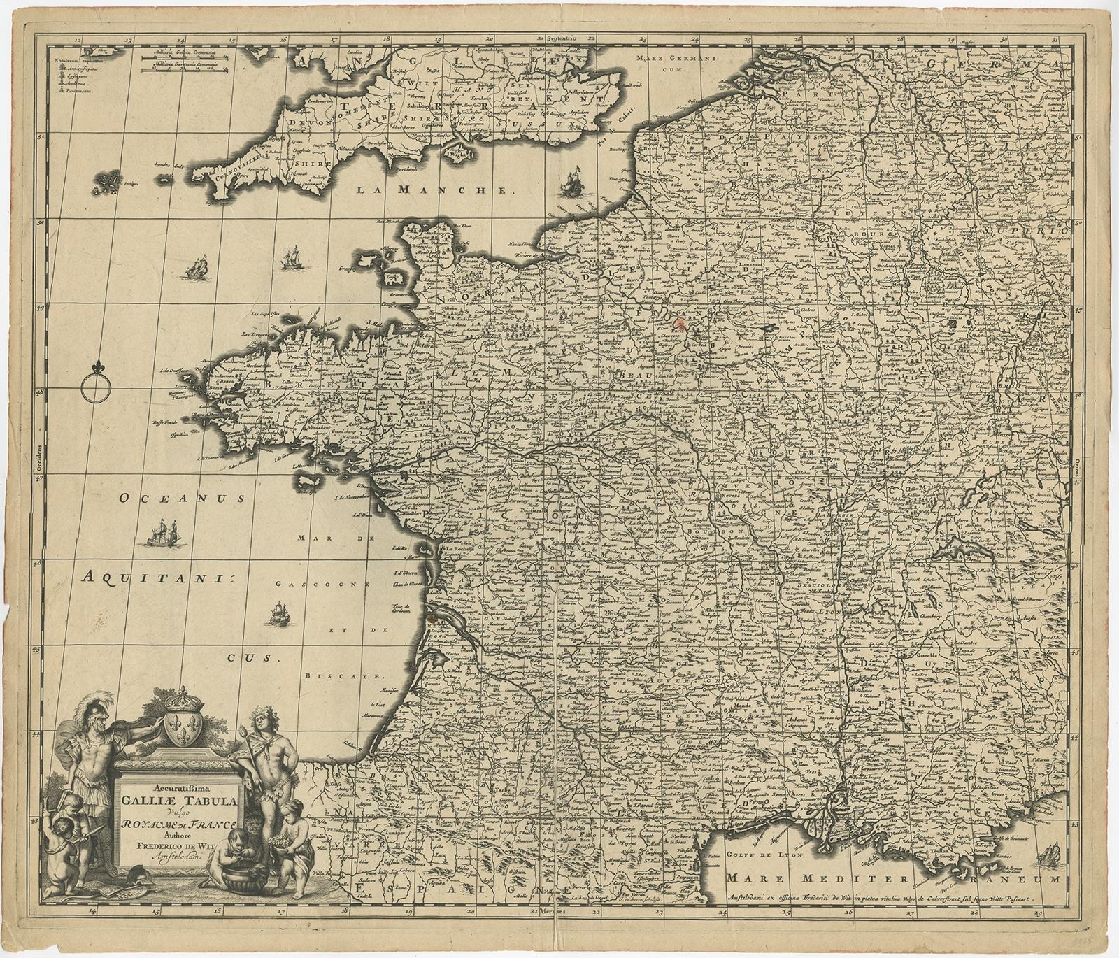 Large Antique Map of France by De Wit, c.1680 In Fair Condition For Sale In Langweer, NL