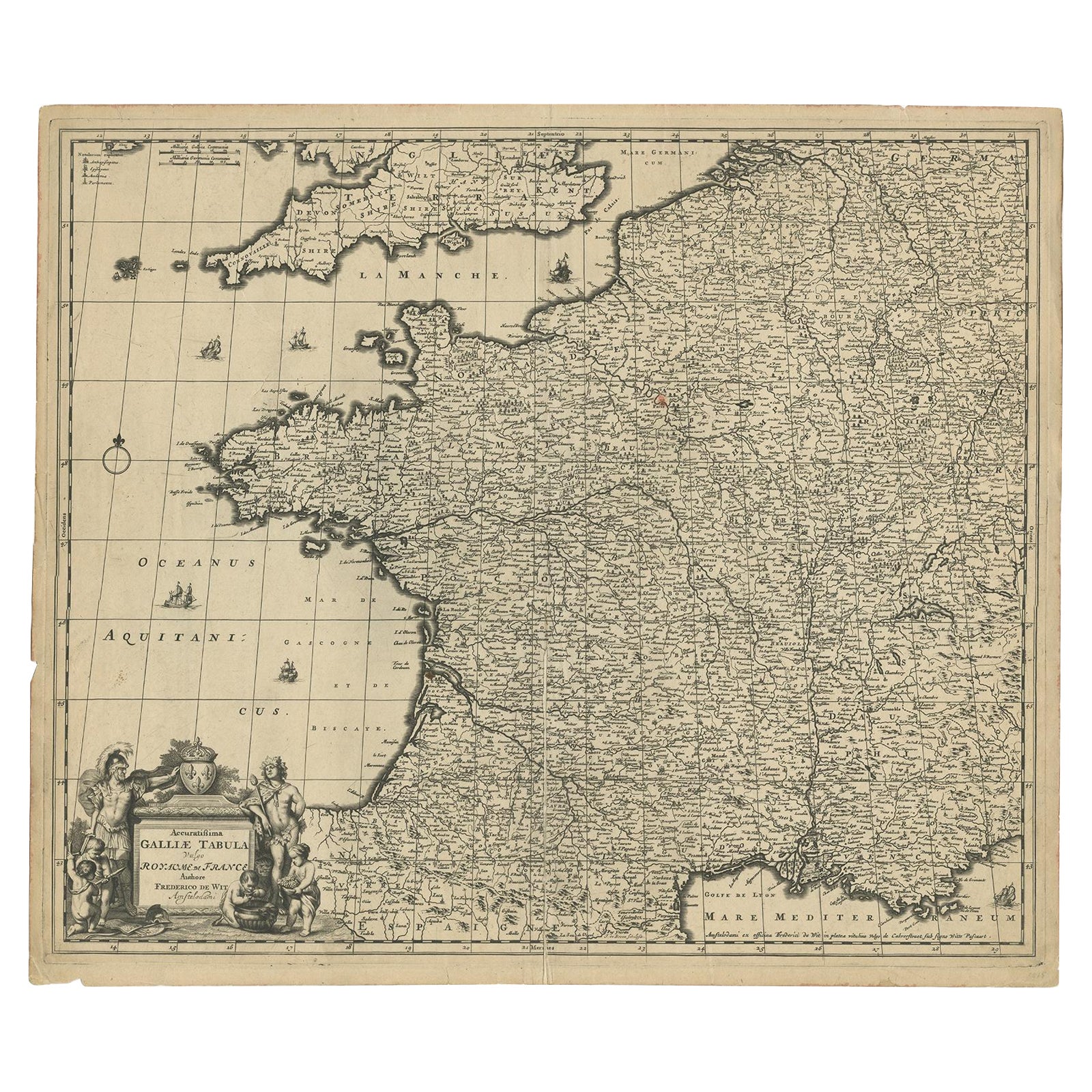 Grande mappa antica della Francia di De Wit, 1680 circa in vendita