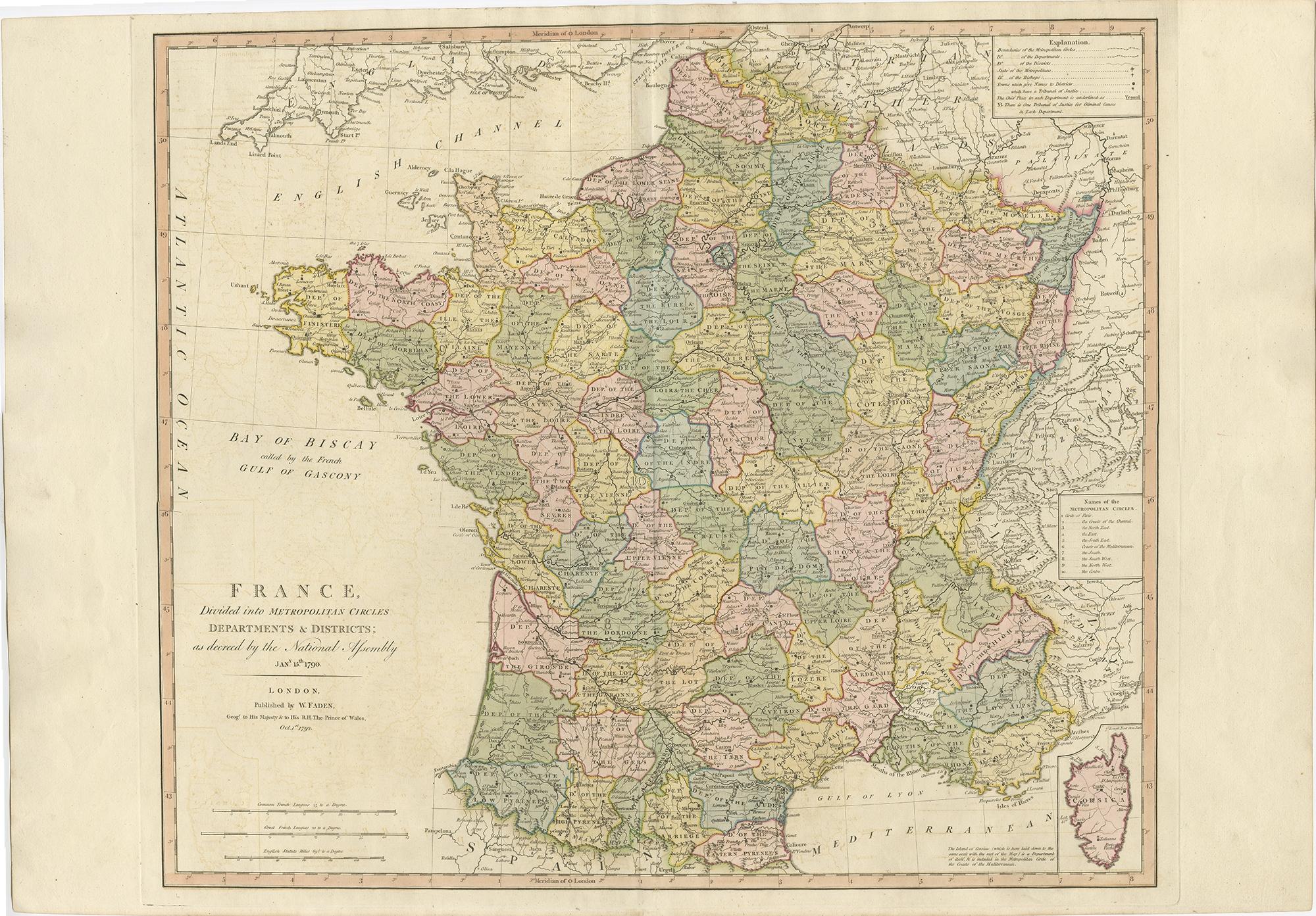 Antique map titled 'France divided into Metropolitan Circles (..)'. 

Large, original antique map of France, with a small inset of the island of Corsica. Published by W. Faden, 1792. 

Artists and Engravers: William Faden (1749-1836) was the