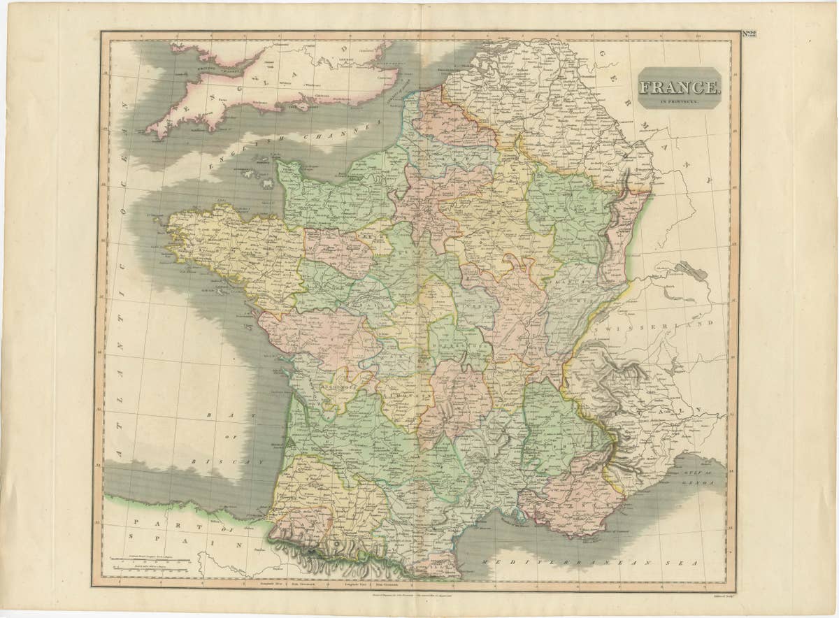 Large Antique Map of France with Original Hand Coloring