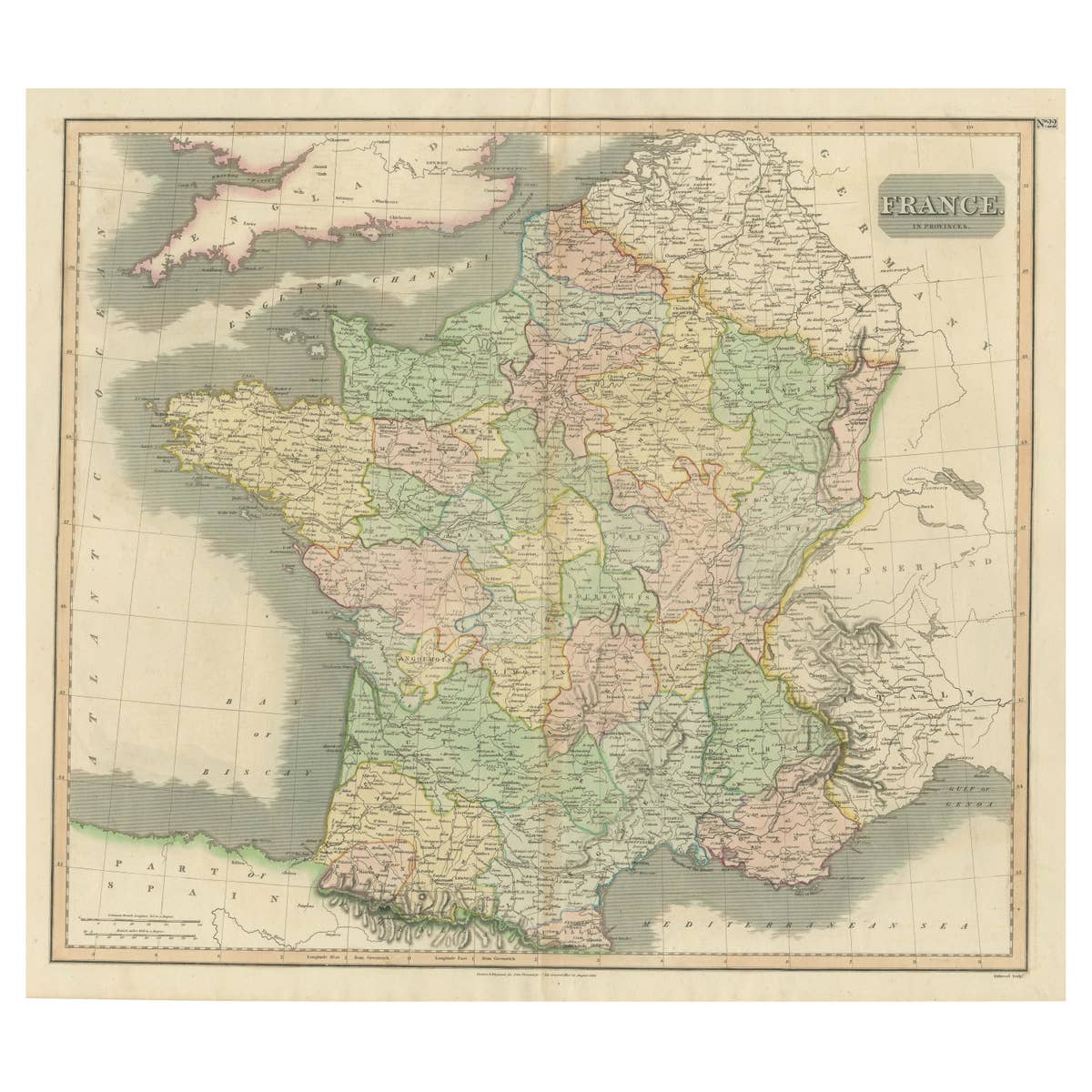 Large Antique Map of France with Original Hand Coloring