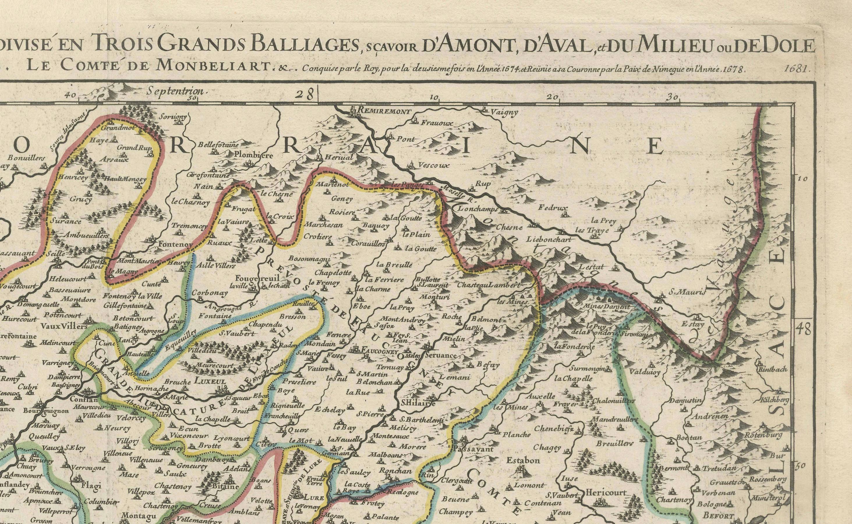 Francese Grande mappa antica della Franca Contea - Divisa in tre bailliages storici 1681 in vendita