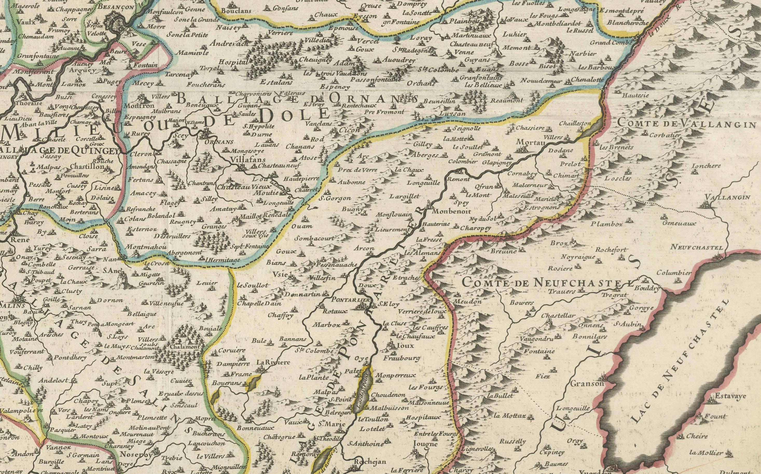 Inciso Grande mappa antica della Franca Contea - Divisa in tre bailliages storici 1681 in vendita