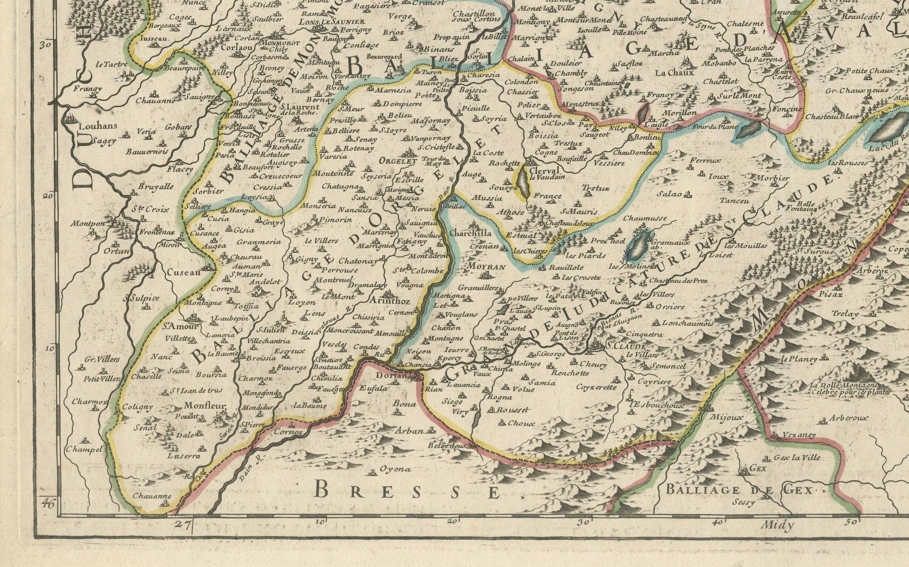 Grande mappa antica della Franca Contea - Divisa in tre bailliages storici 1681 In condizioni buone in vendita a Langweer, NL