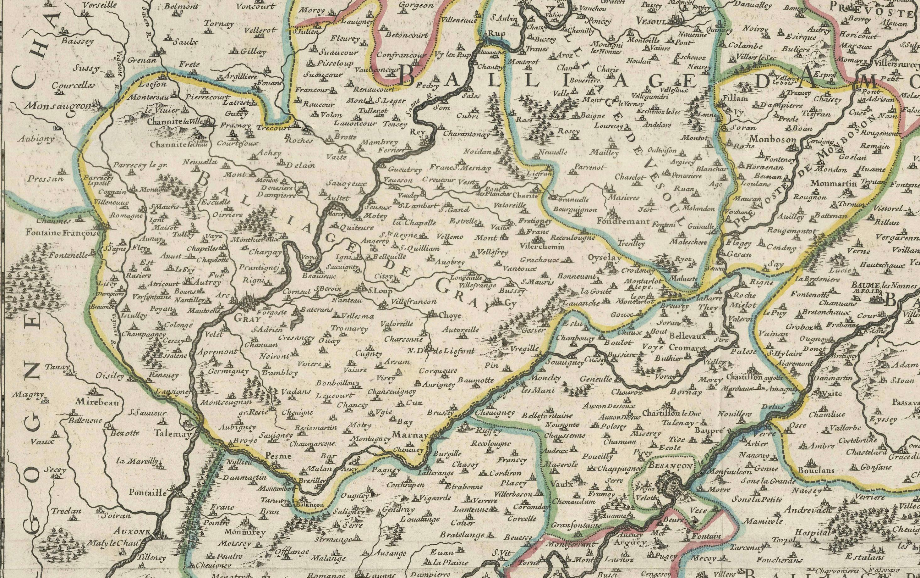 XVII secolo Grande mappa antica della Franca Contea - Divisa in tre bailliages storici 1681 in vendita
