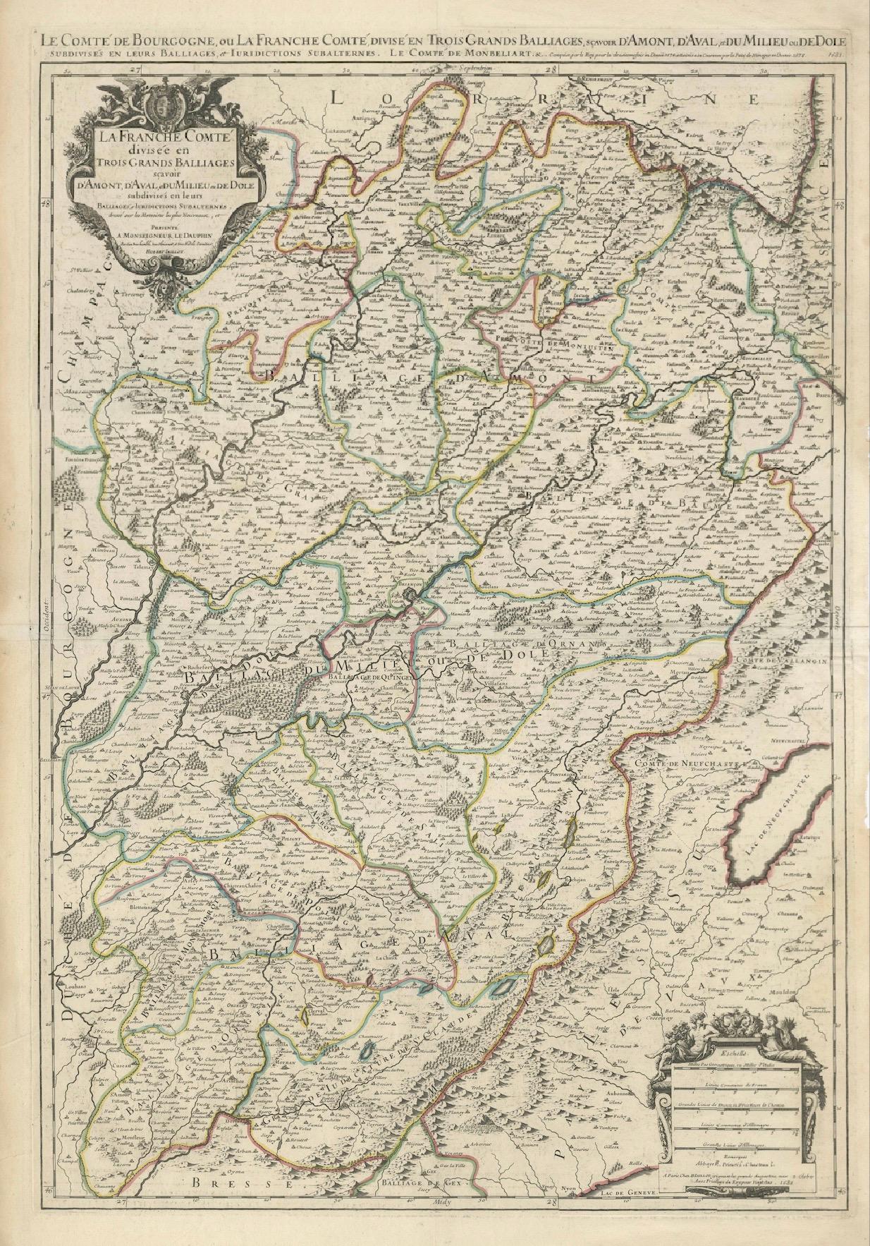 Grande mappa antica della Franca Contea - Divisa in tre bailliages storici 1681 in vendita 1