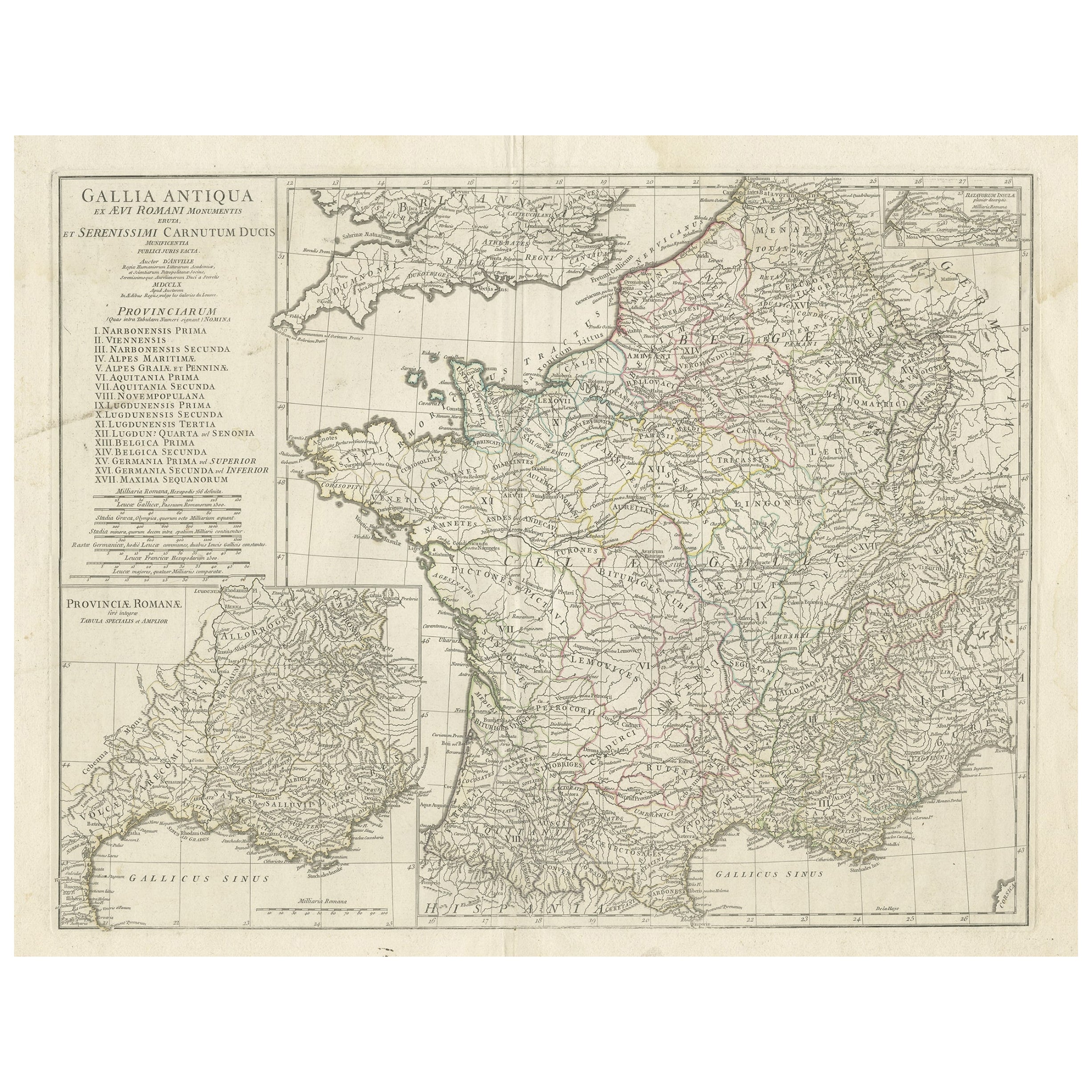 Large Antique Map of Gaul, or France in Ancient Roman Times, circa 1760