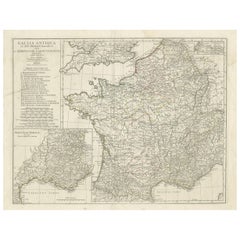 Large Antique Map of Gaul, or France in Ancient Roman Times, circa 1760