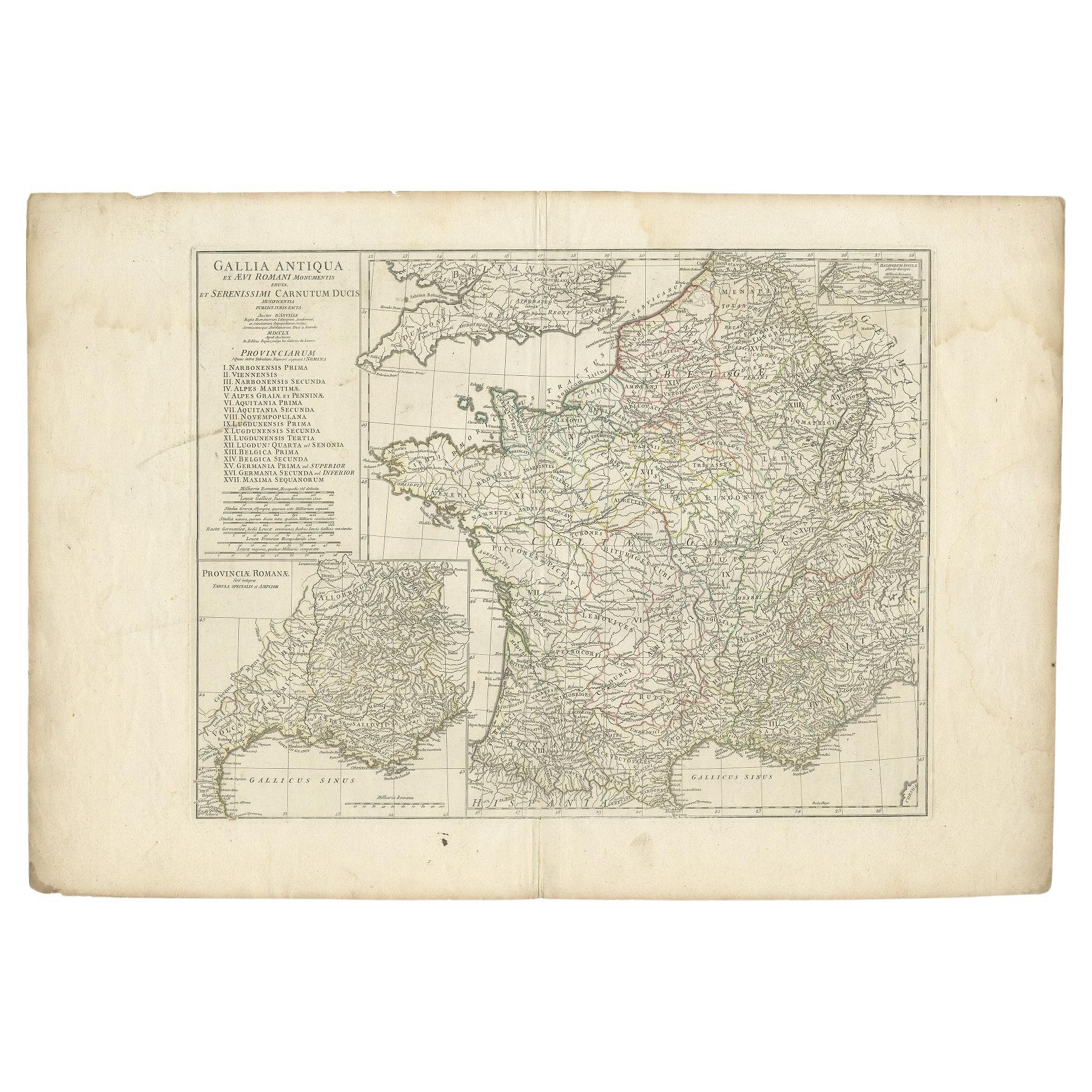Original antique map titled 'Gallia Antiqua ex Aevi Romani Monumentis (..)'. Large map of Gaul, or France in ancient Roman times, showing Roman provinces. Inset bottom left a detailed map of Roman Provence. Published by D'Anville, circa 1760.