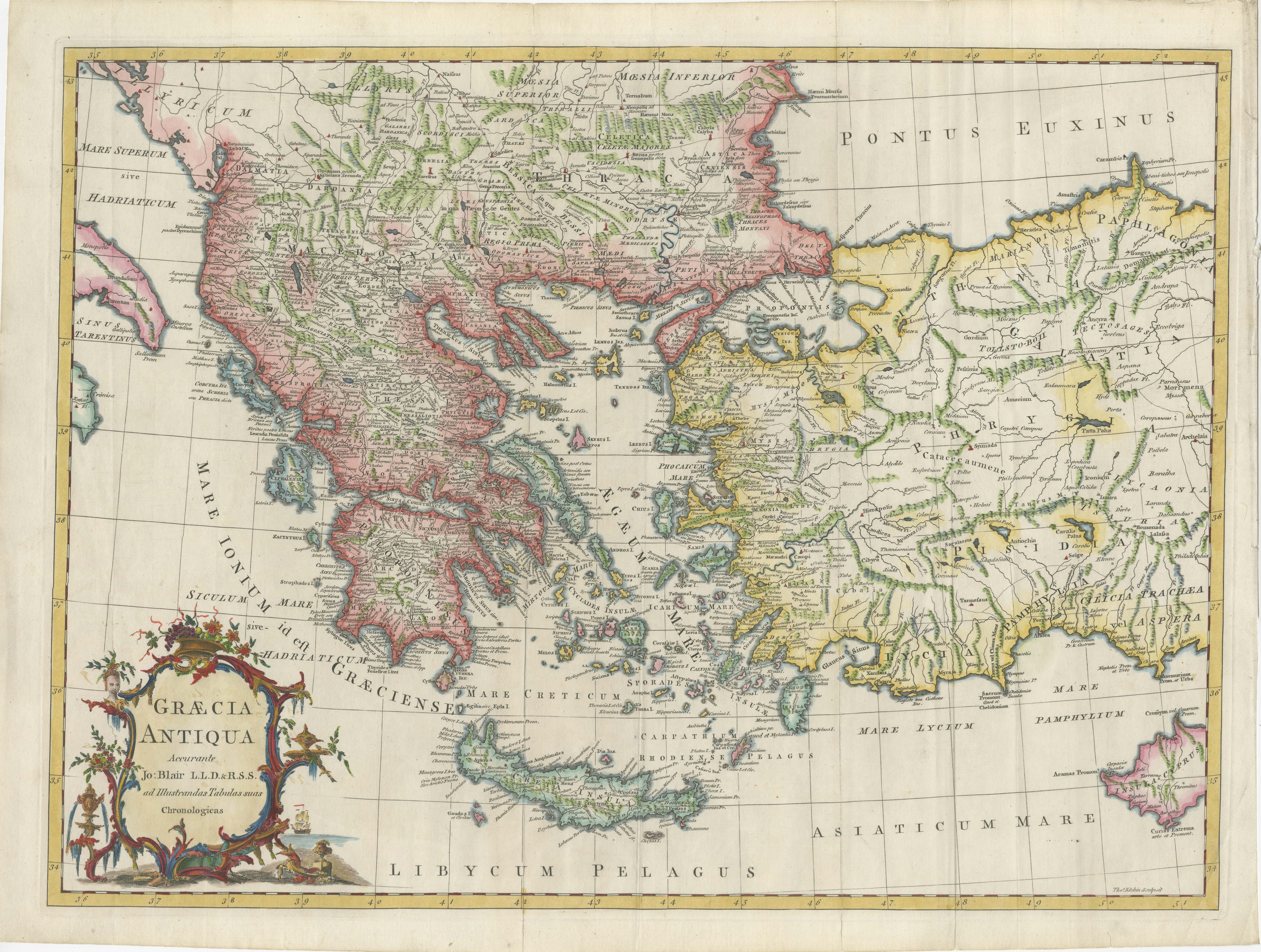Antike Karte mit dem Titel 'Graecia Antiqua'. Großformatige Karte von Griechenland, der Türkei und den angrenzenden Inseln, zentriert auf das Ägäische Meer. Große dekorative Kartusche. Gestochen von T. Kitchin, herausgegeben von J. Blair. Circa