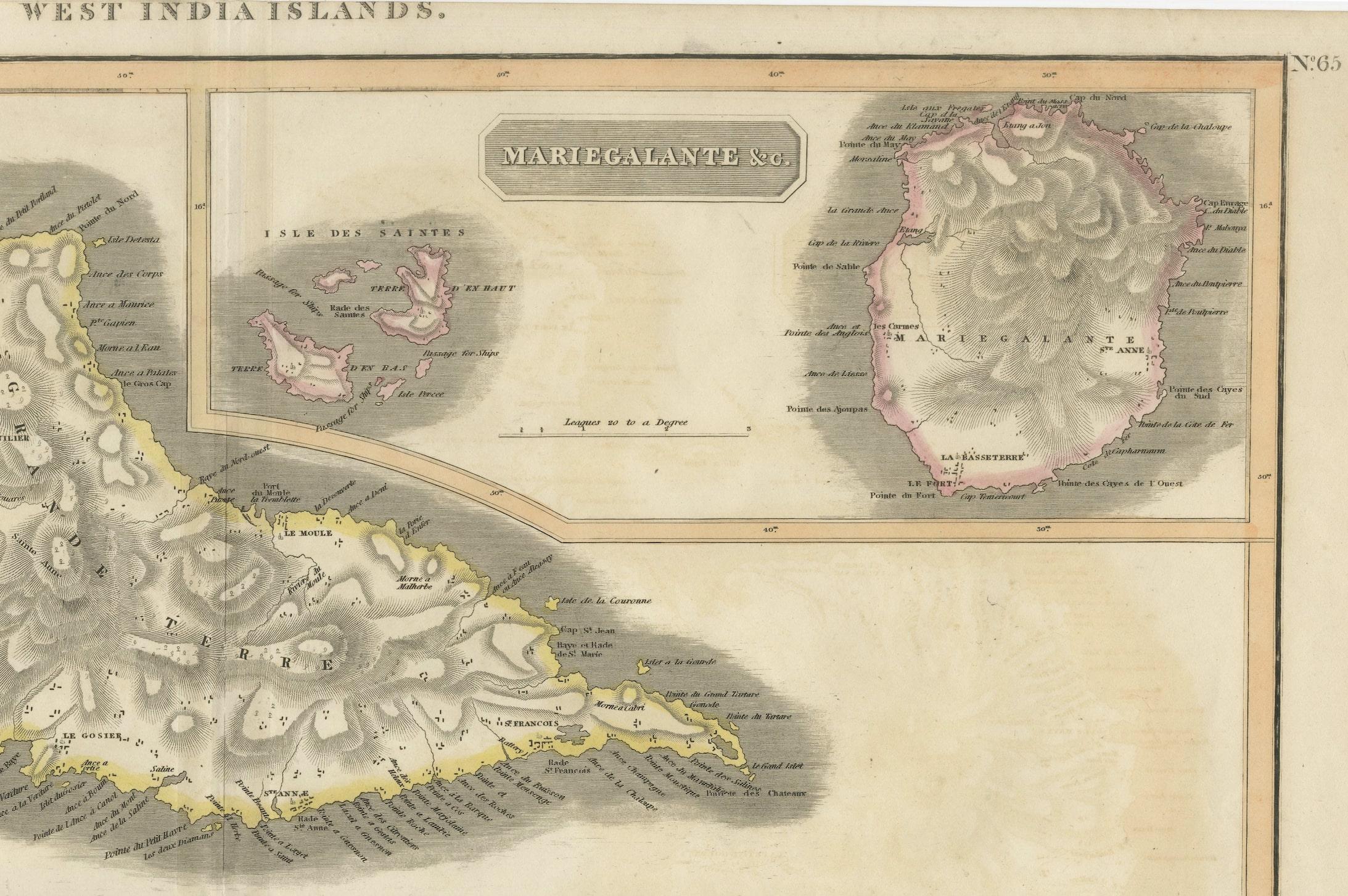 Gravé Grande carte ancienne de Guadeloupe et d'Antigua avec îles adjacentes, 19e siècle en vente