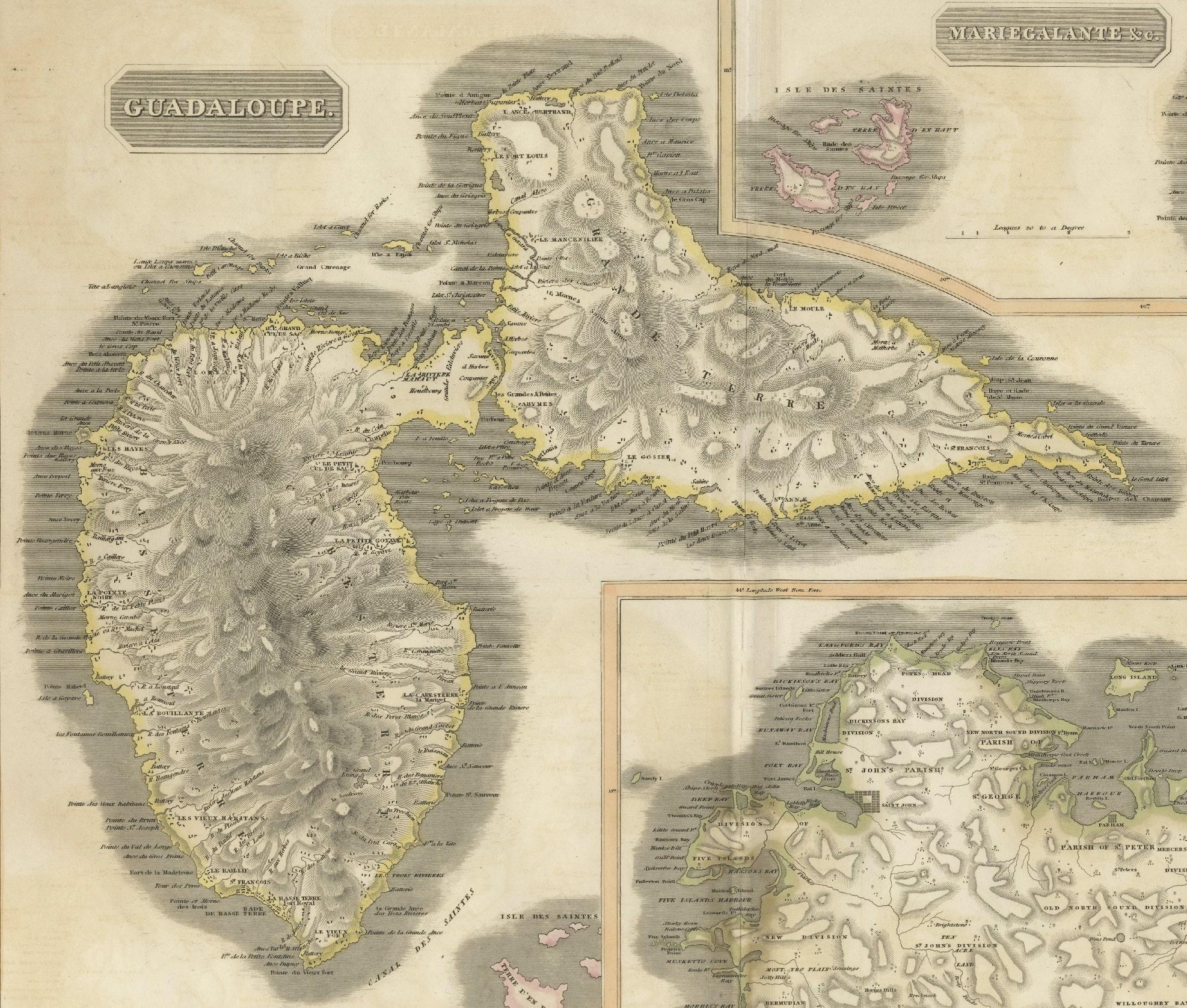 Große antike Karte von Guadeloupe und Antigua mit Adjacent Isles, 19. Jahrhundert im Zustand „Gut“ im Angebot in Langweer, NL