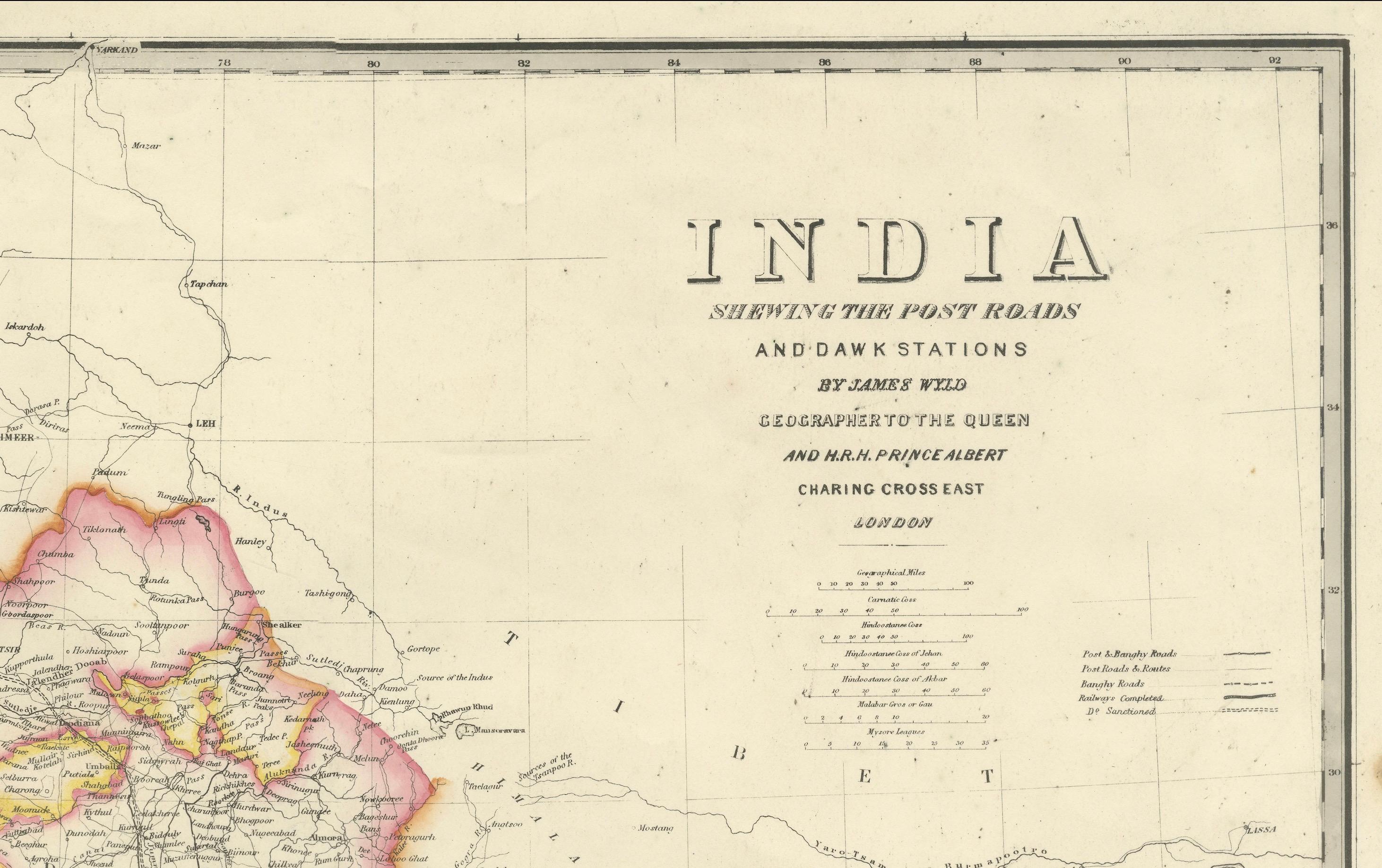 Large Antique Map of India – Post Roads and Dak Stations by James Wyld, c.1855 For Sale 5