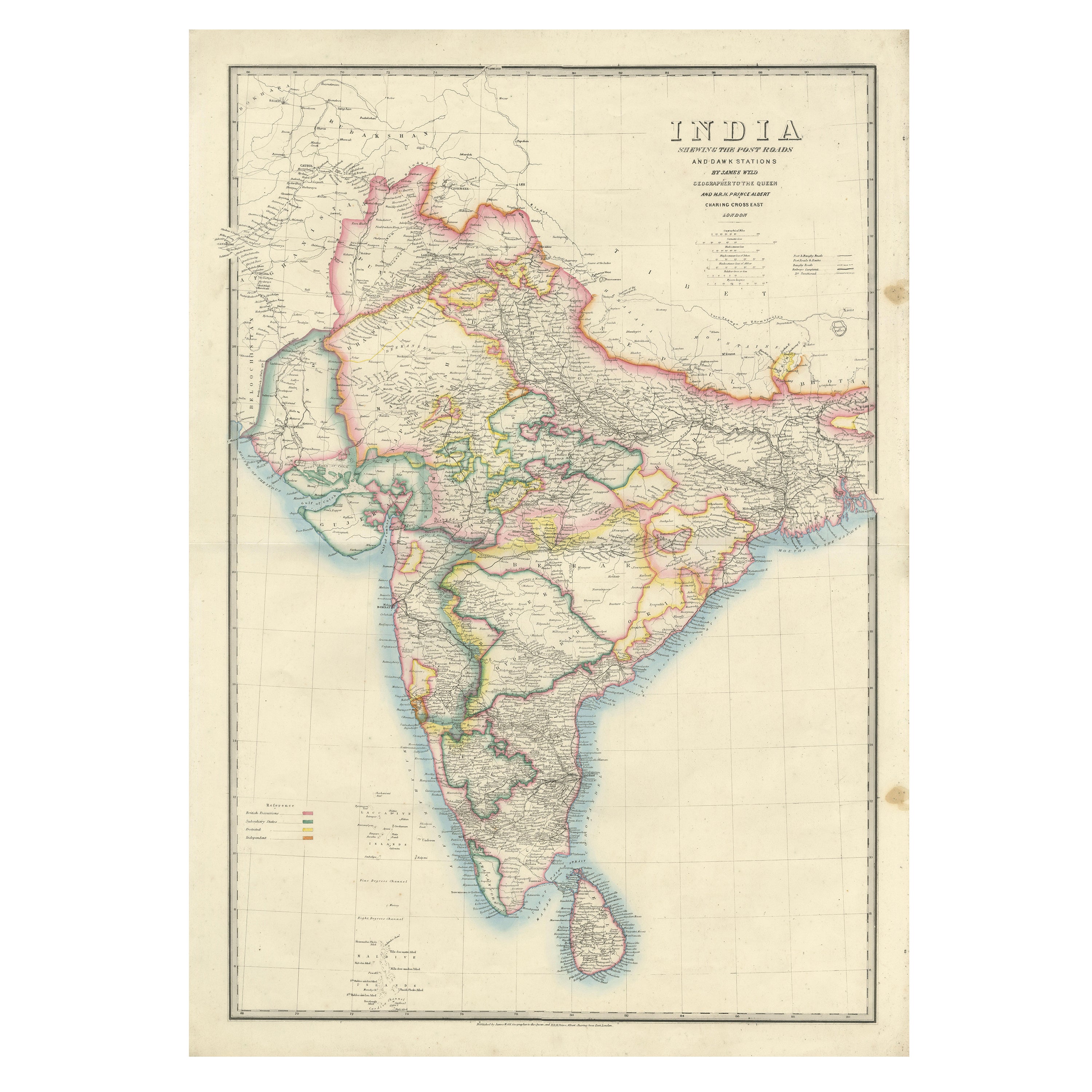 Large Antique Map of India – Post Roads and Dak Stations by James Wyld, c.1855 For Sale