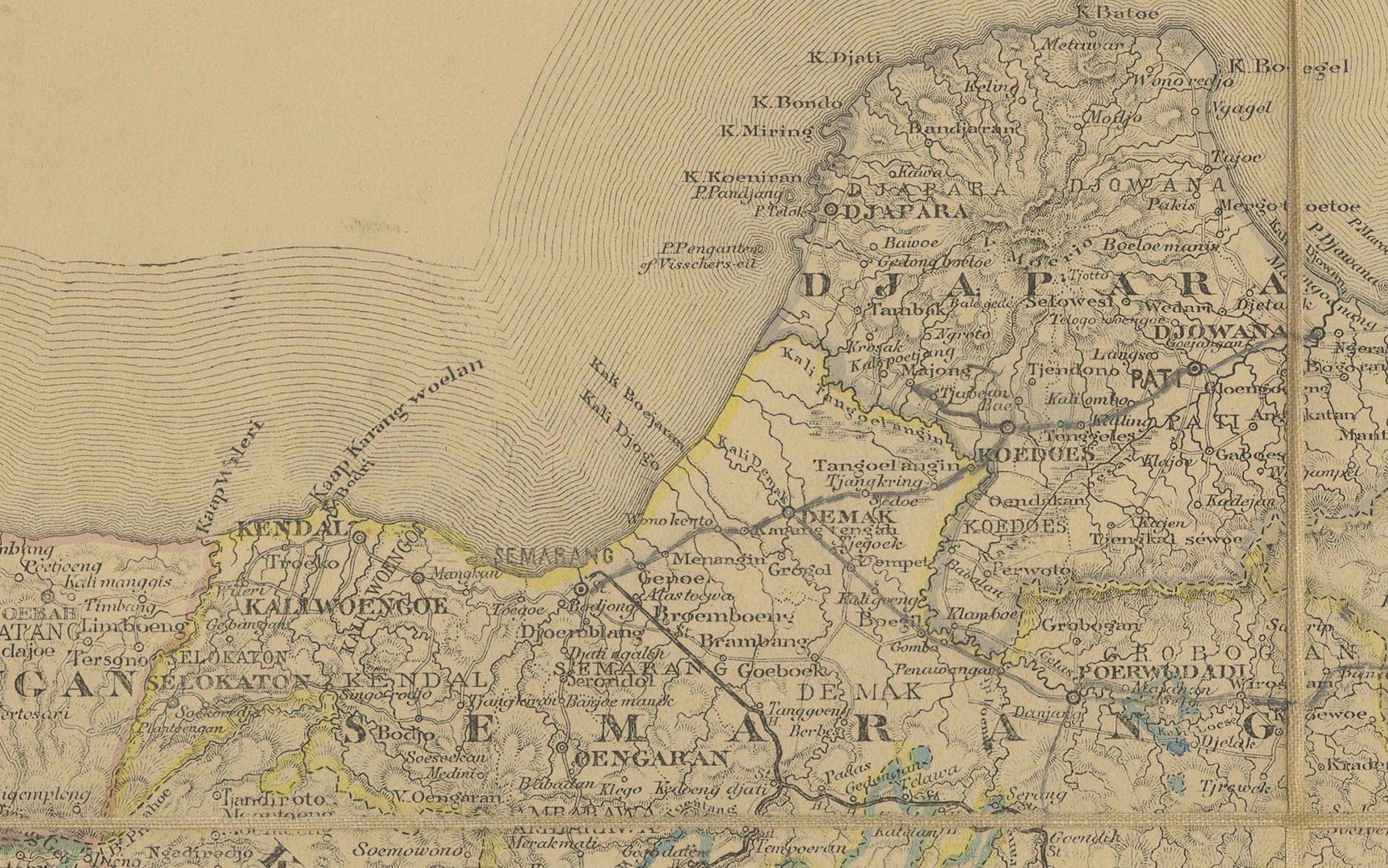 Large Antique Map of Java & Madura with Batavia Inset, c.1870s Dutch East Indies

This finely detailed 19th-century Dutch colonial map is titled “Java en Madoera op den schaal van 1:600.000”, published in Amsterdam by Seyffardt’s Boekhandel in the
