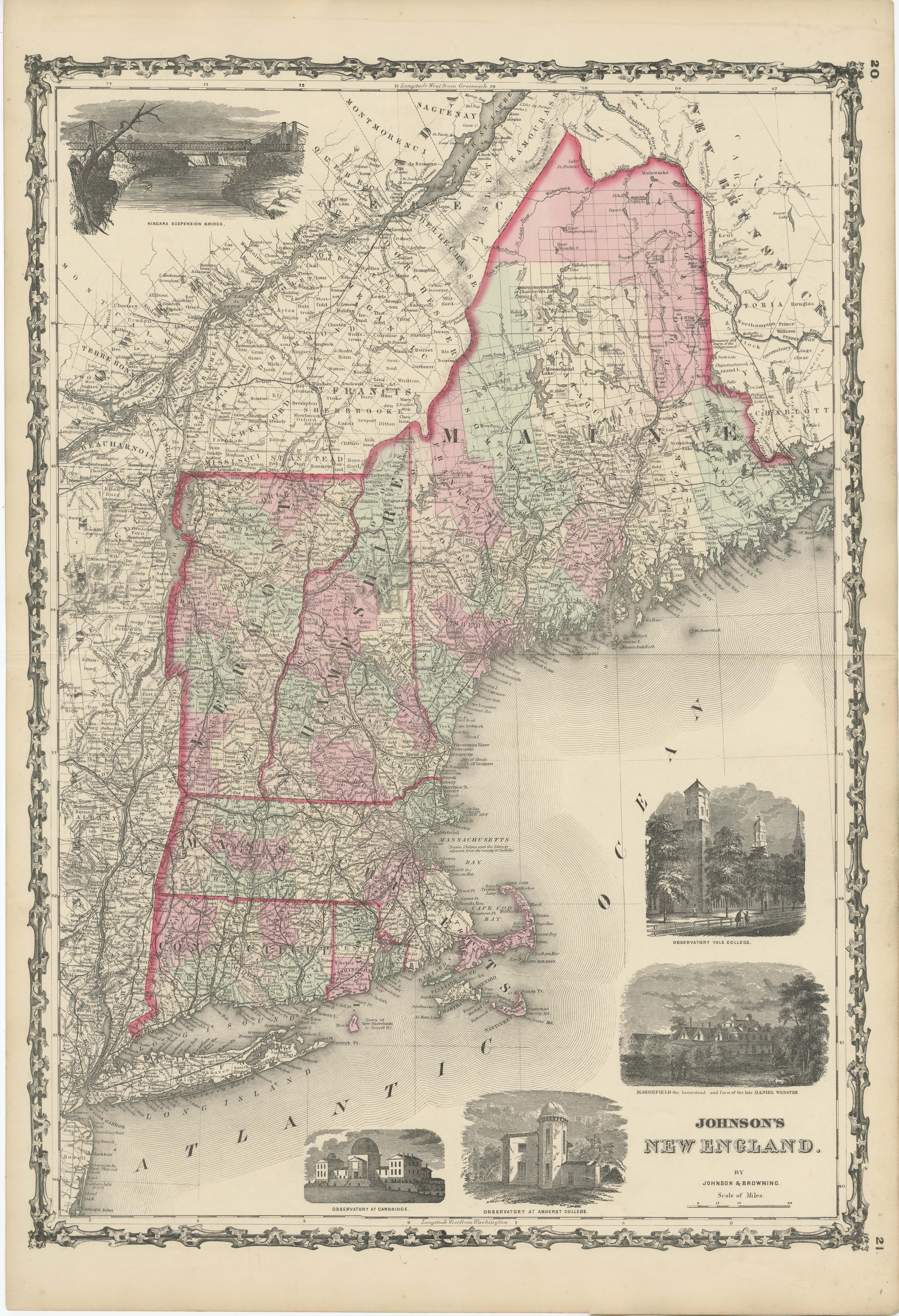 Antique map titled 'Johnson's New England'. Large map of New England, comprising the states Connecticut, Maine, Massachusetts, New Hampshire, Rhode Island, and Vermont. Complimented by several vignettes for the Niagara suspension bridge, several